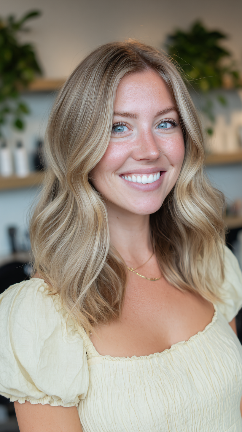 Warm buttery blonde shoulder-length waves with soft texture