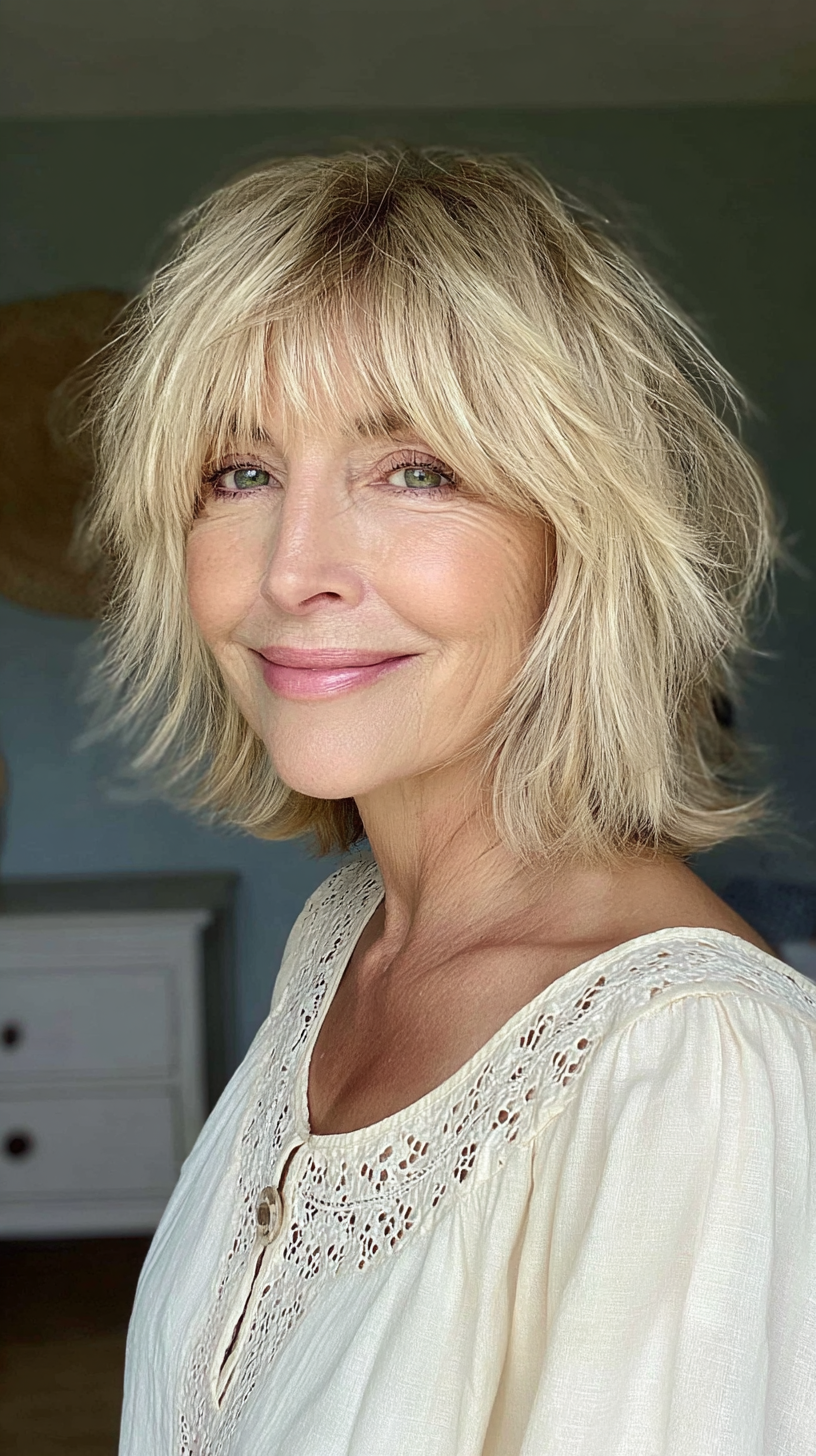 Chin-length buttery blonde choppy shag bob with bangs