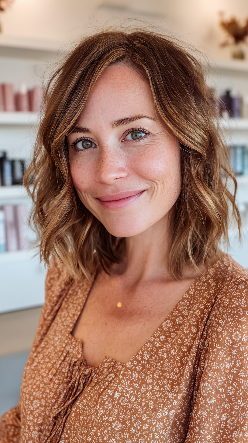 Wavy brown lob with caramel highlights and soft texture