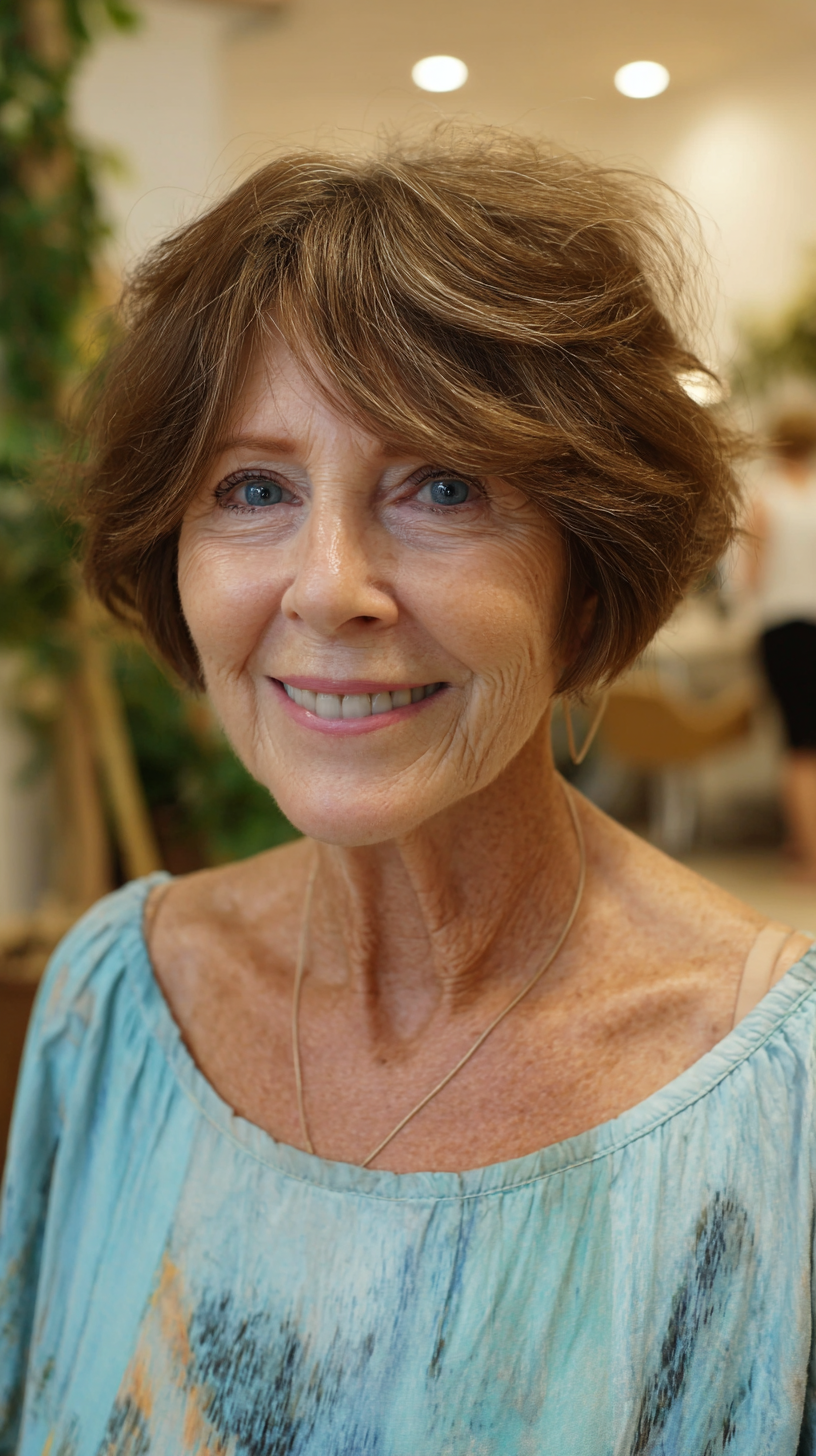 Short chestnut brown feathered shag with side bangs