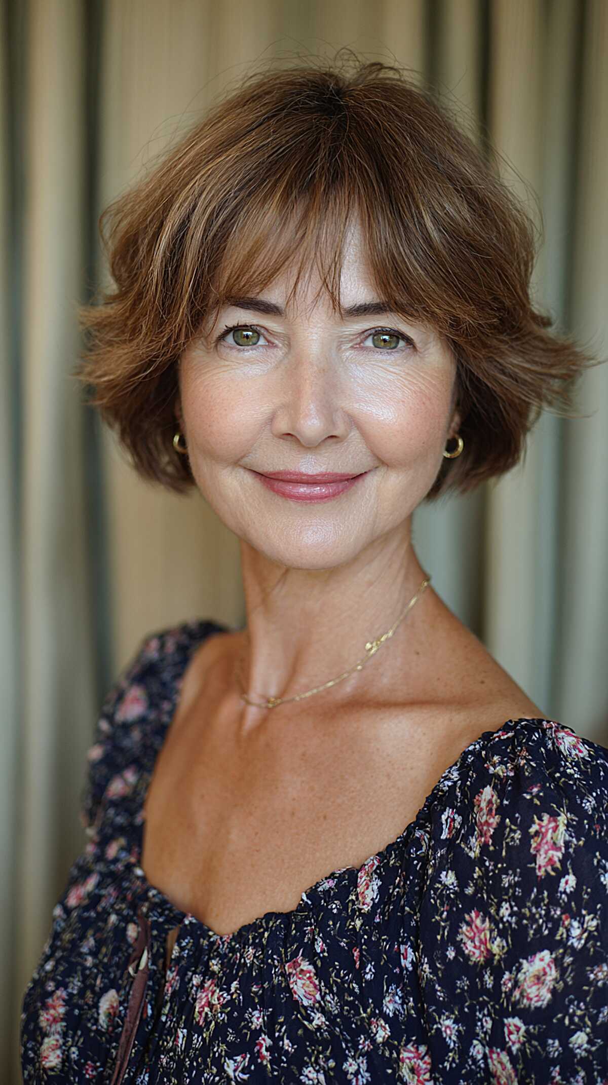 Chestnut micro choppy bob with soft wispy bangs