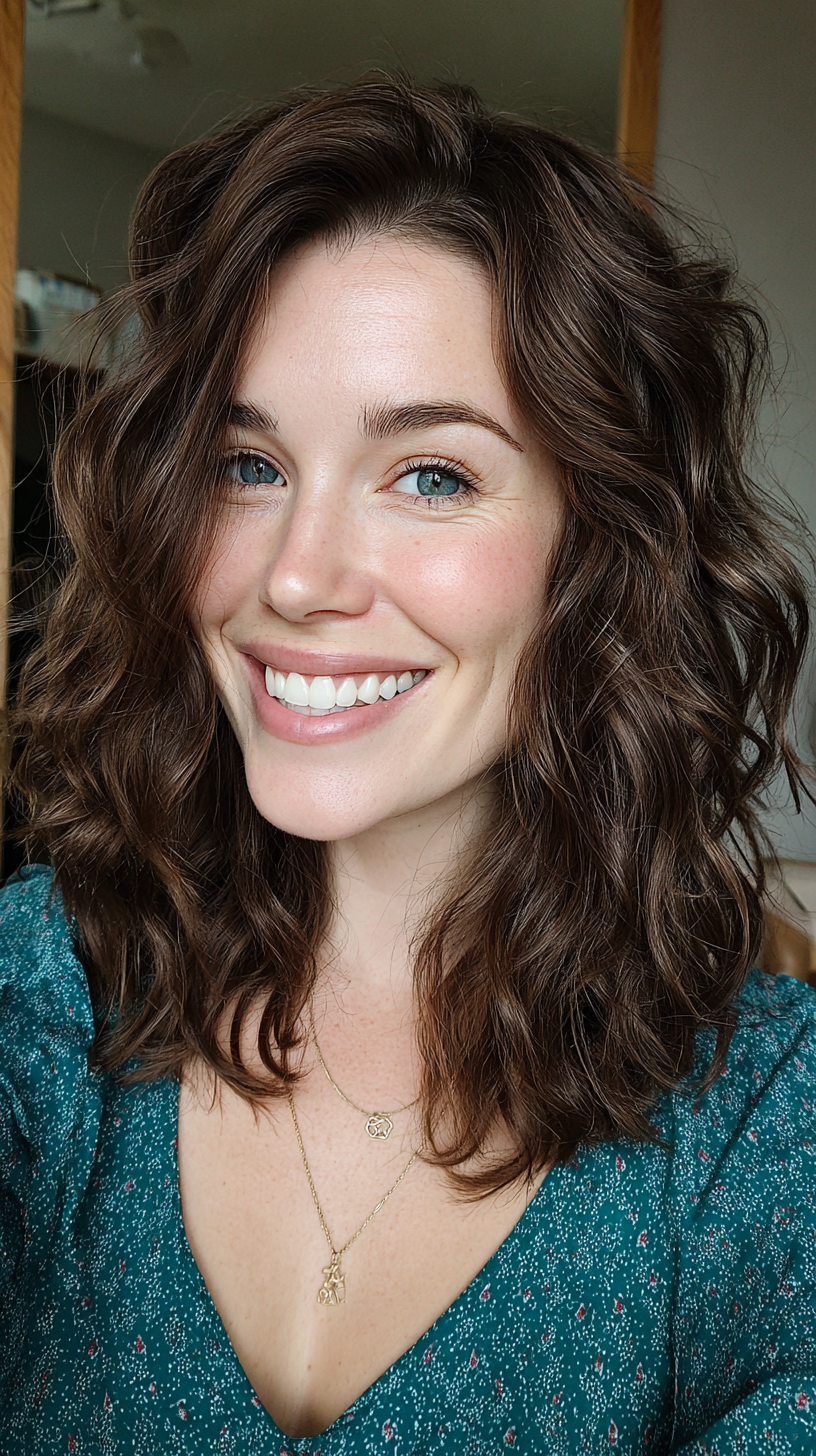 Dark chocolate brown shoulder-length waves with volume