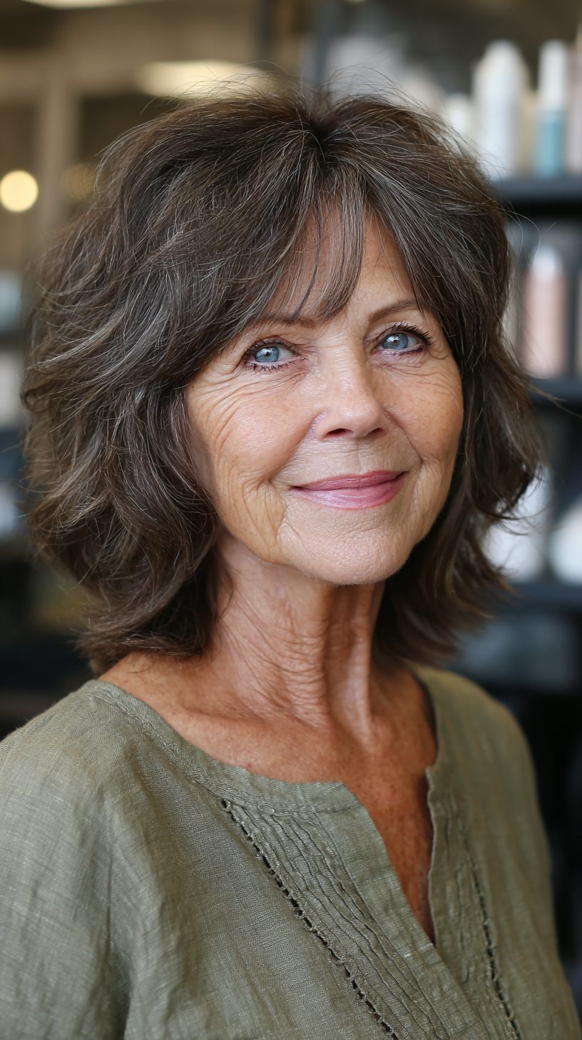 Medium dark brown wavy choppy shag with curtain layers