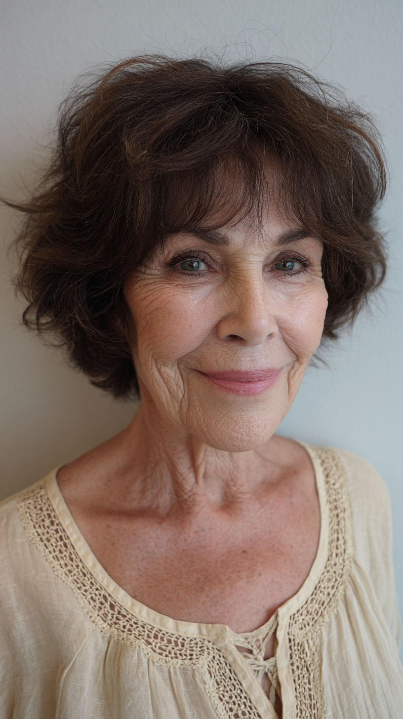 Short cocoa brown choppy shag with wispy face framing
