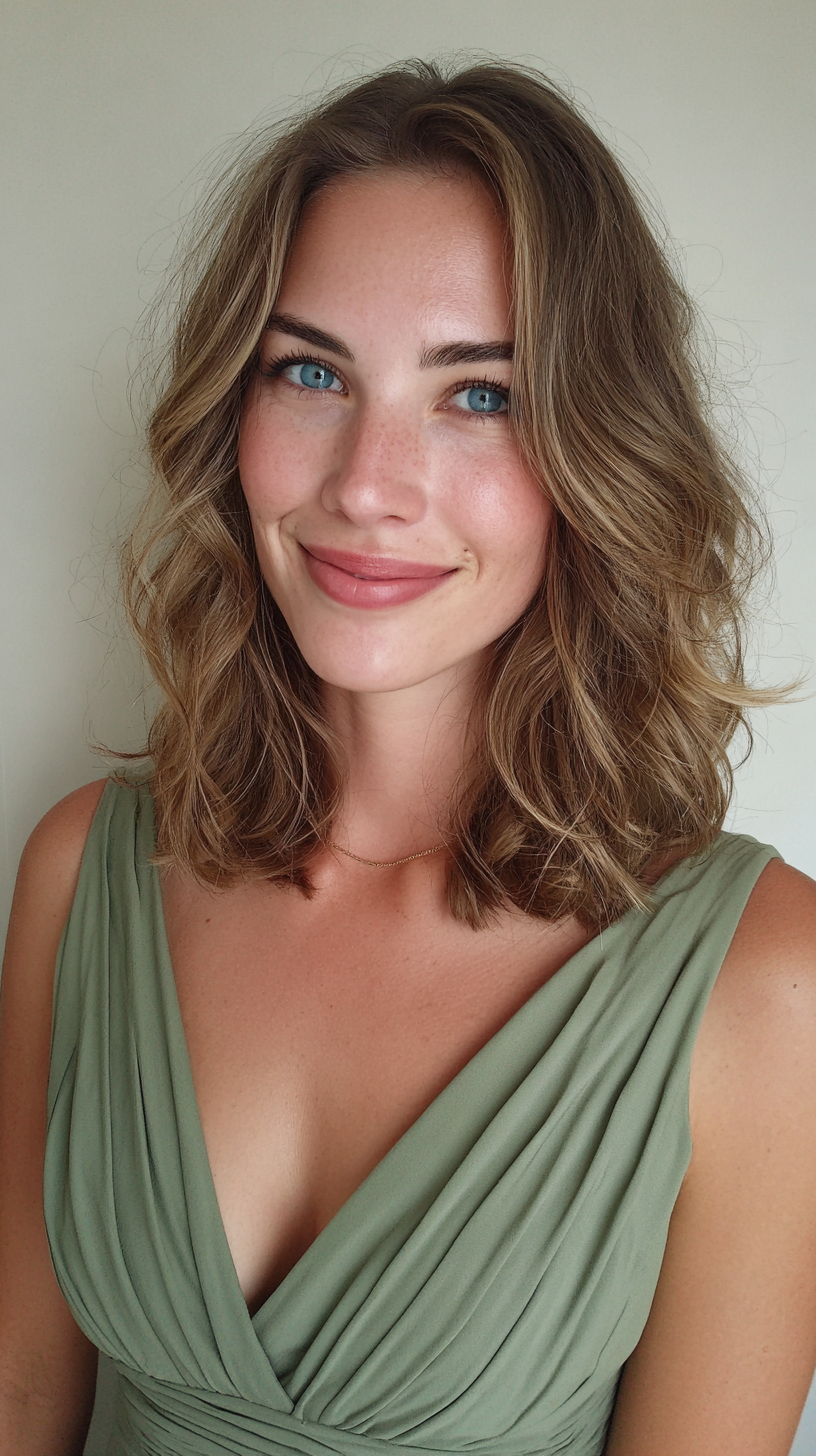 Collarbone-length wavy bronde hair with natural texture