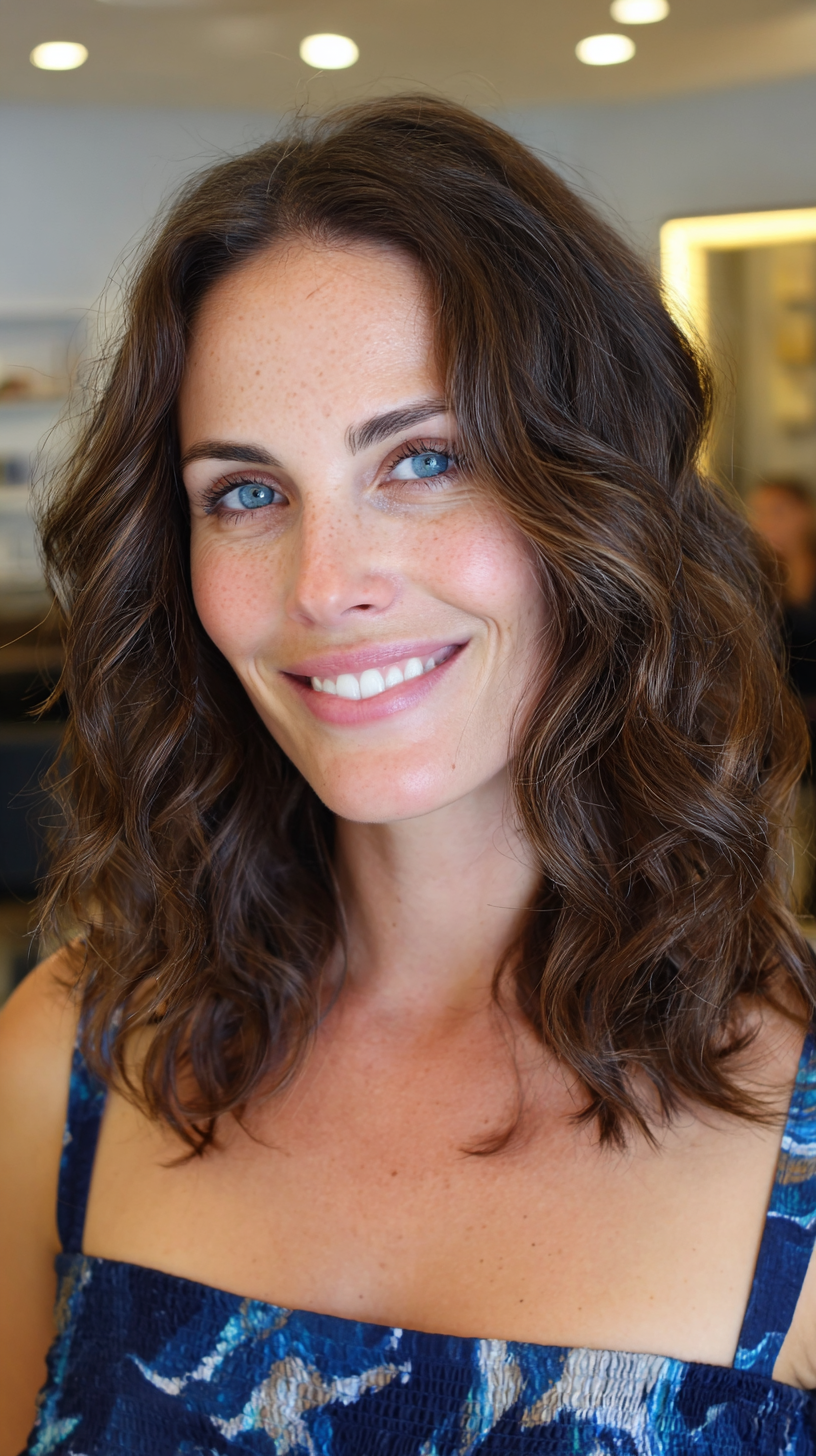 Cool dark brown shoulder-length wavy hair with blue eyes