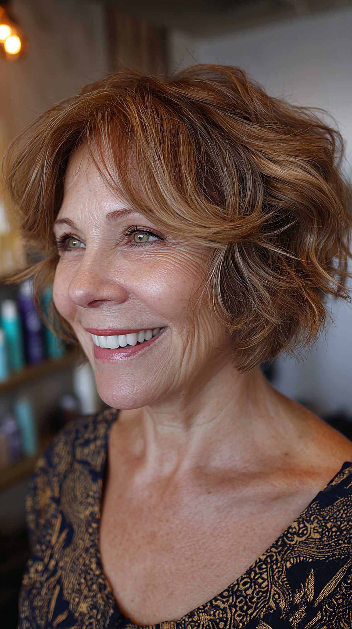 Copper auburn feathered choppy bob with layers