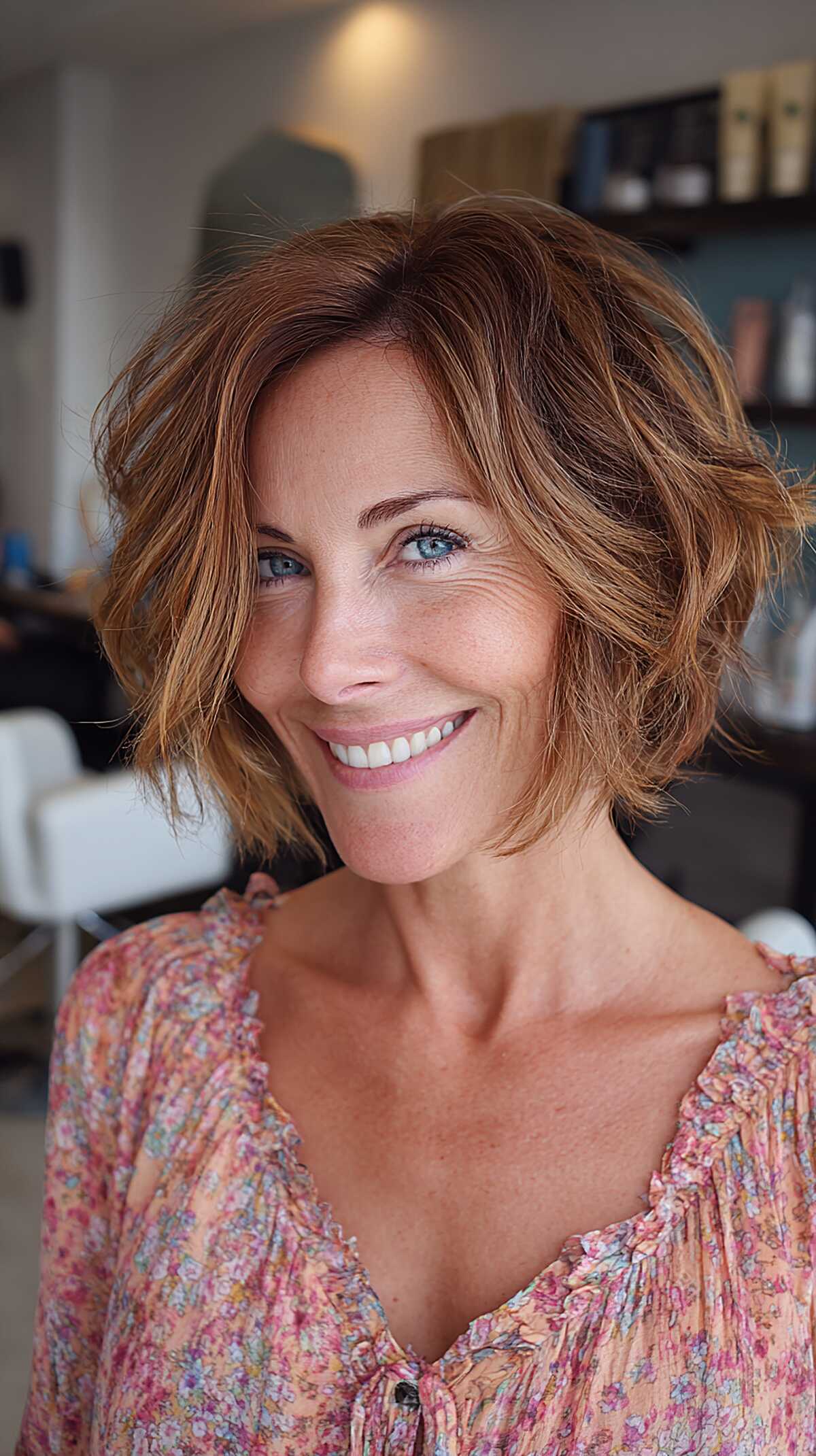 Copper-kissed wavy textured choppy bob
