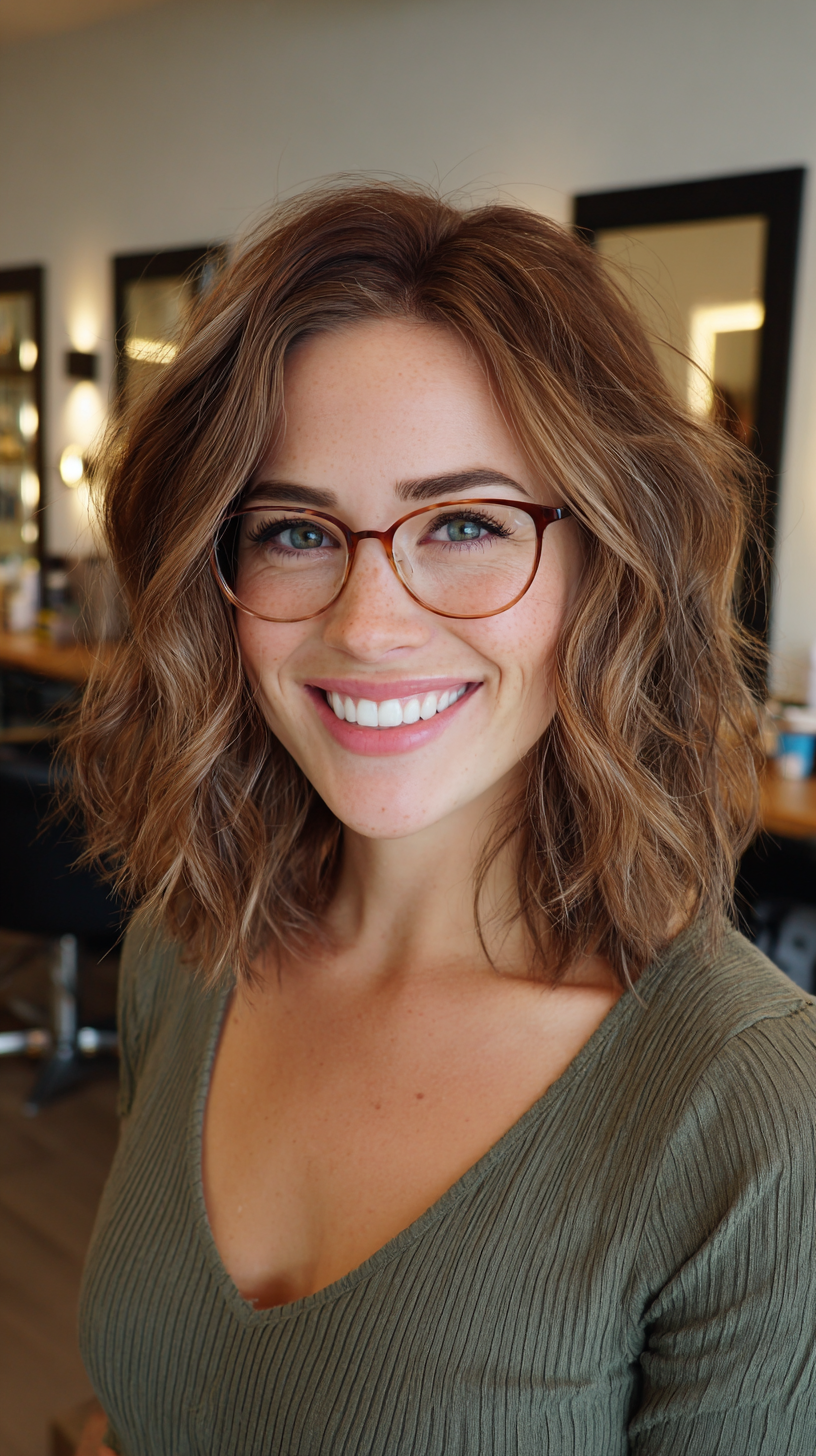 Wavy auburn bob with copper highlights and glasses