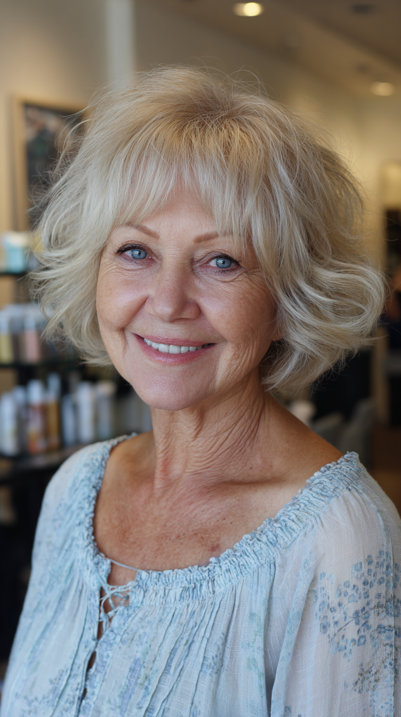 Chin-length creamy blonde choppy shag with loose curls