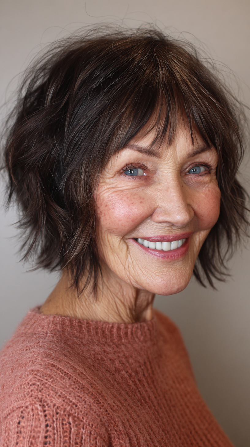 Chin-length dark brown choppy bob shag with bangs