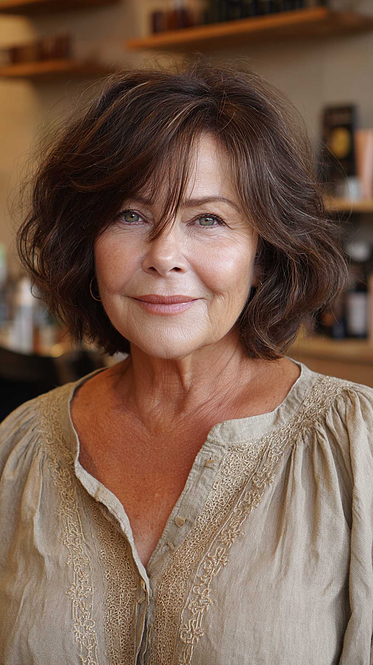 Deep chocolate tousled chin-length choppy bob