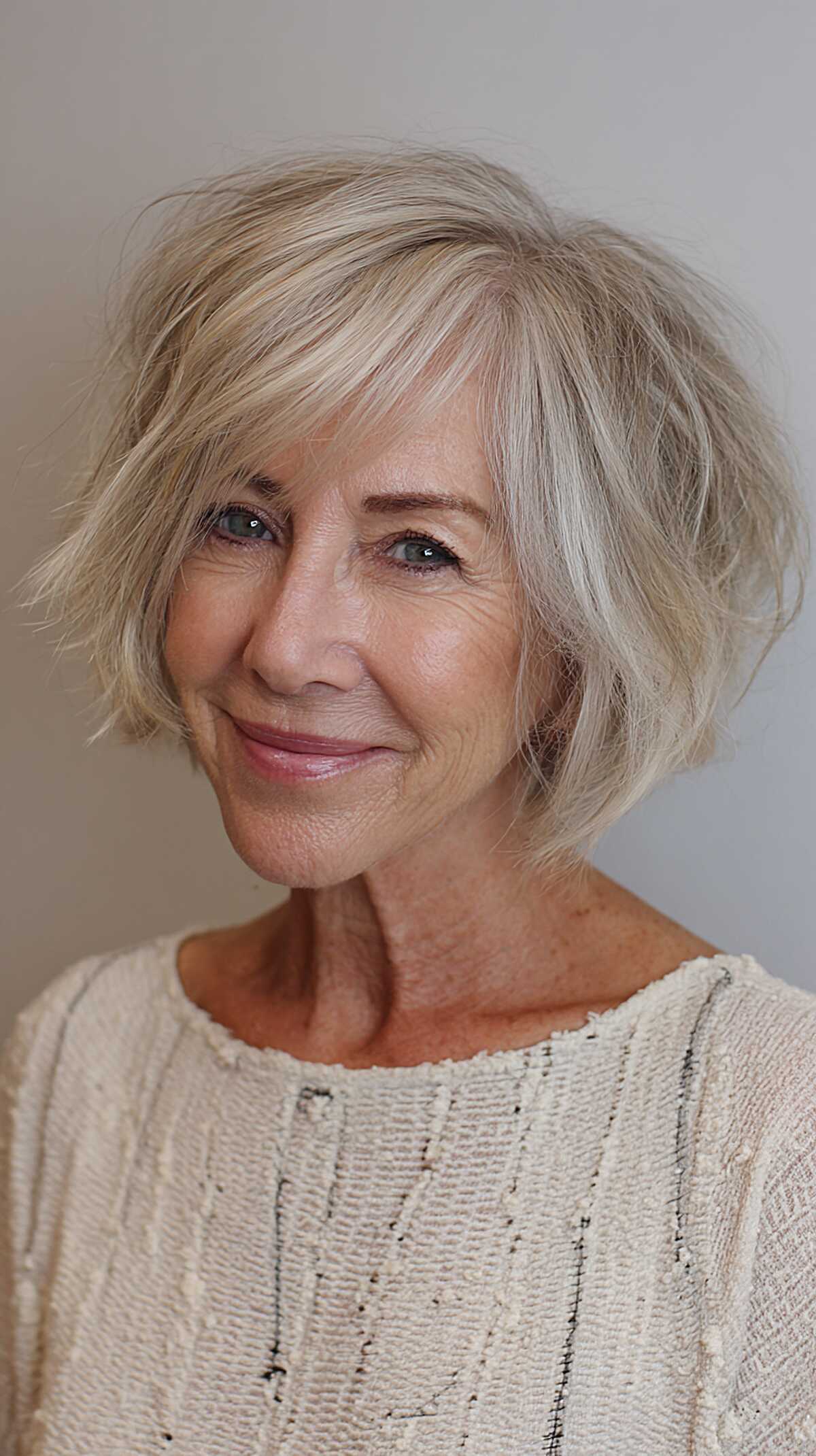 Feathered platinum choppy bob with wispy bangs