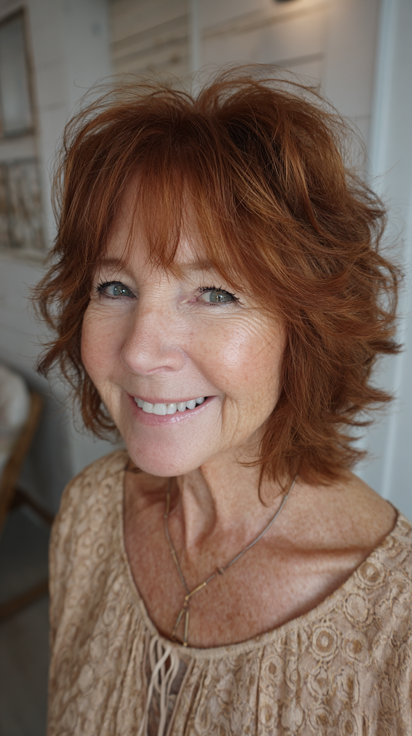 Medium copper red choppy shag with bold layered texture