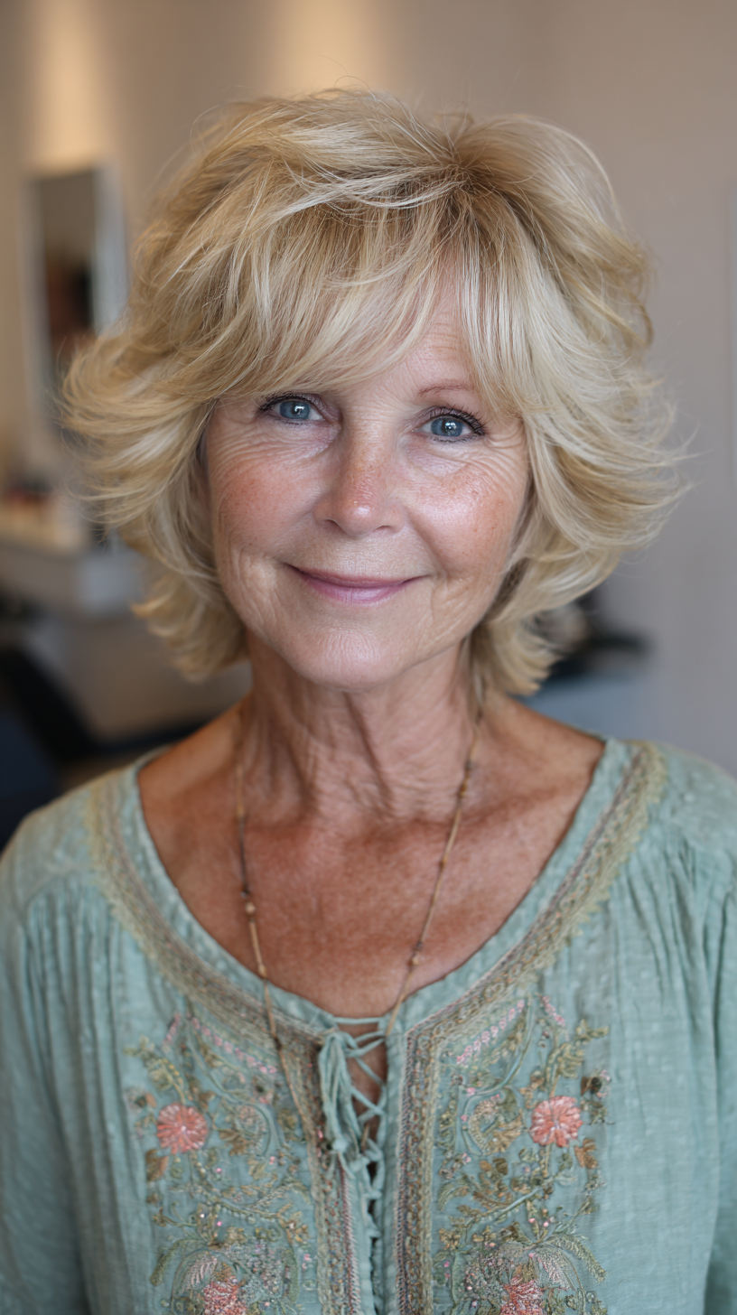 Short golden blonde choppy shag with flipped ends