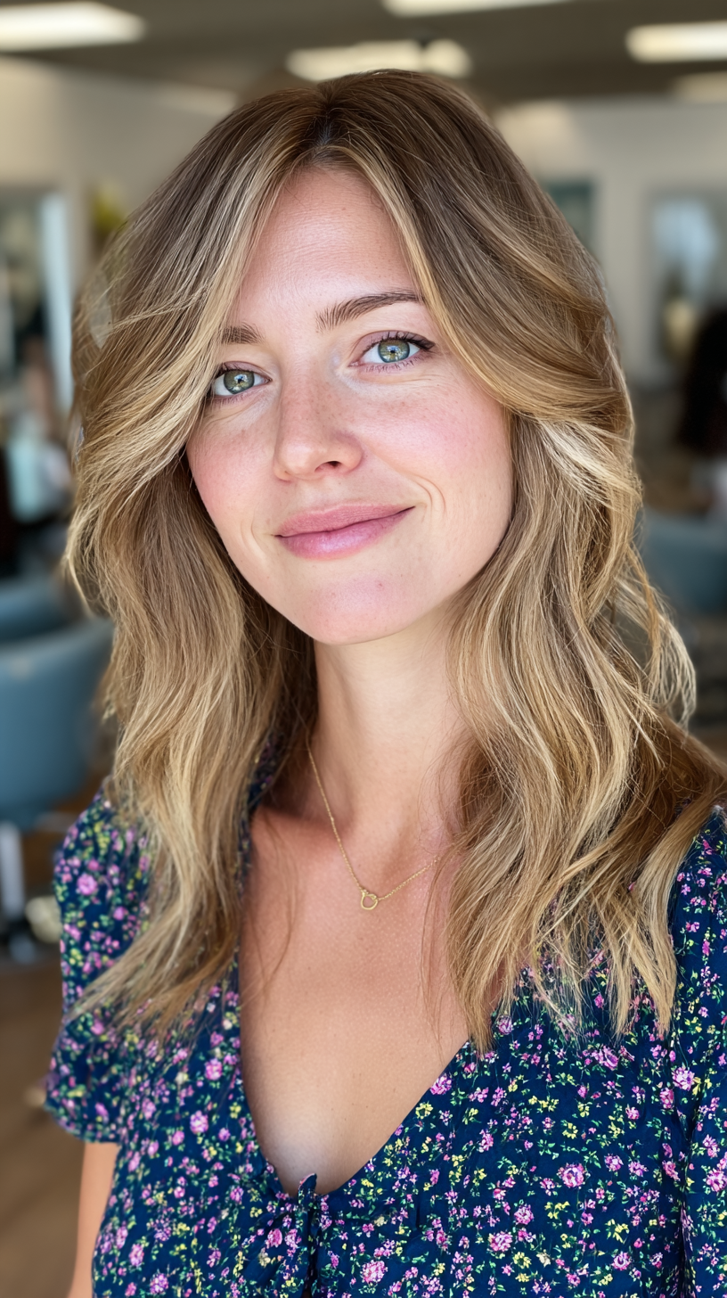 Medium wavy bronde hair with curtain bangs and golden tones