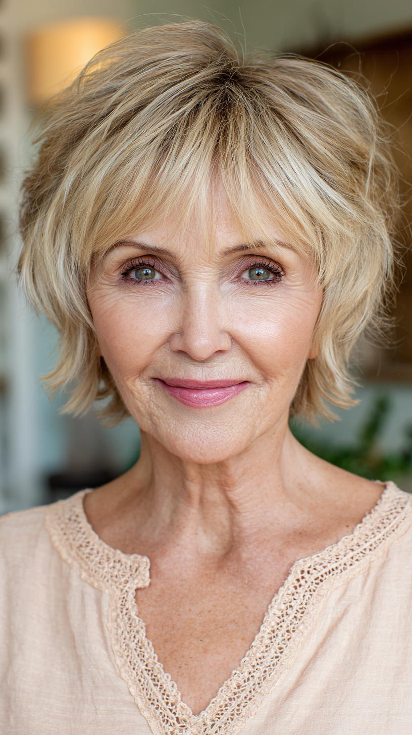 Short honey blonde choppy shag with feathered layers