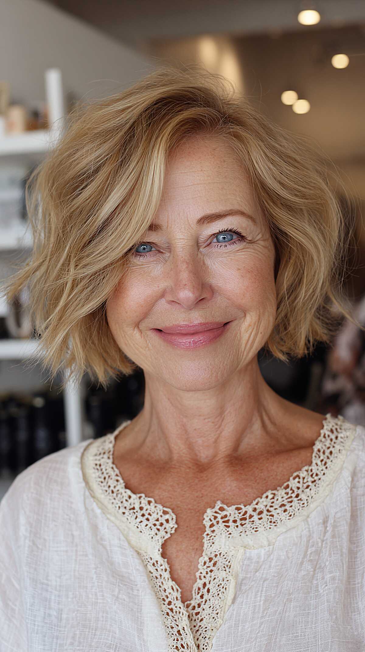 Honey blonde wavy choppy bob with lived-in look