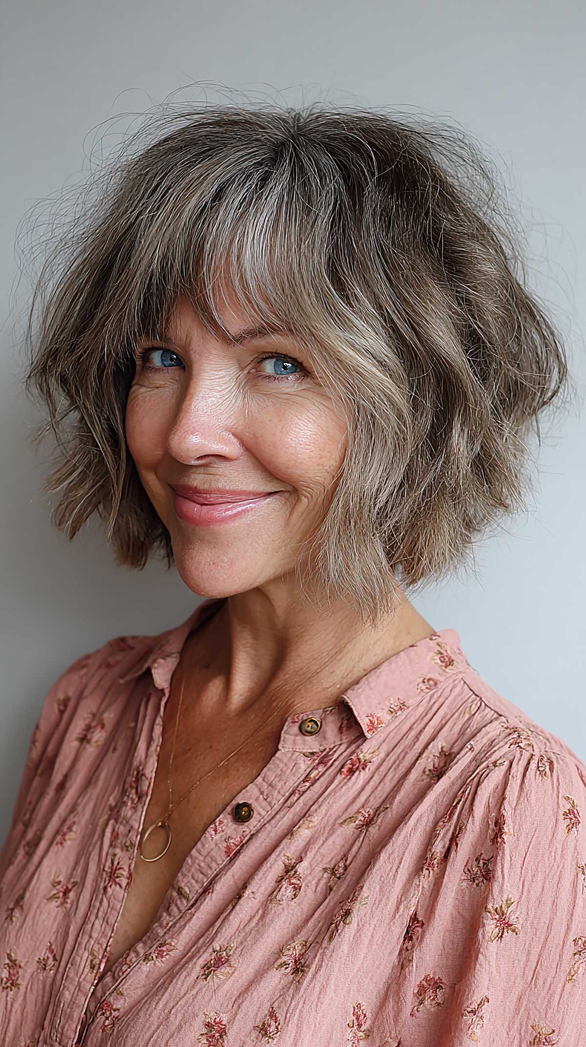Mushroom blonde shaggy choppy bob with bangs