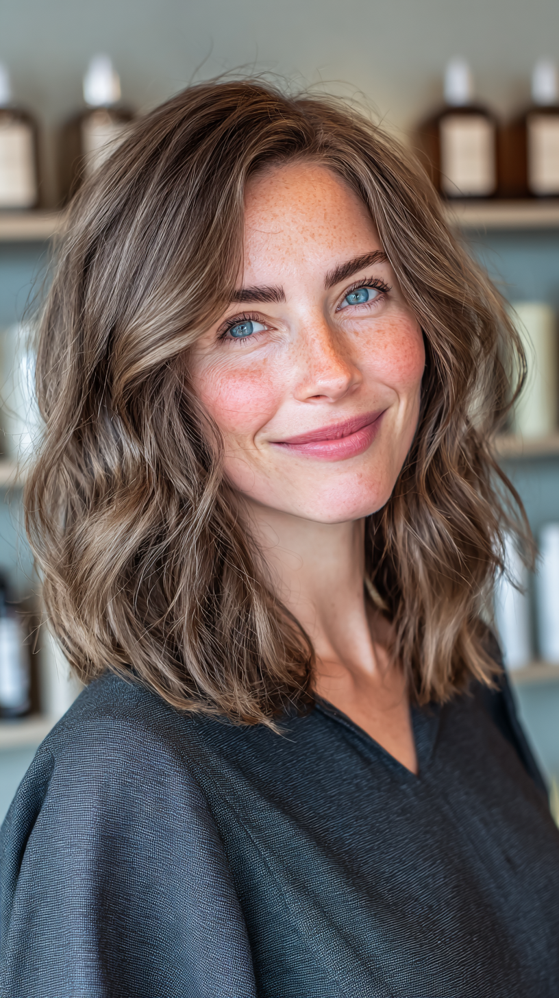 Cool-toned mushroom brown wavy lob with volume at roots