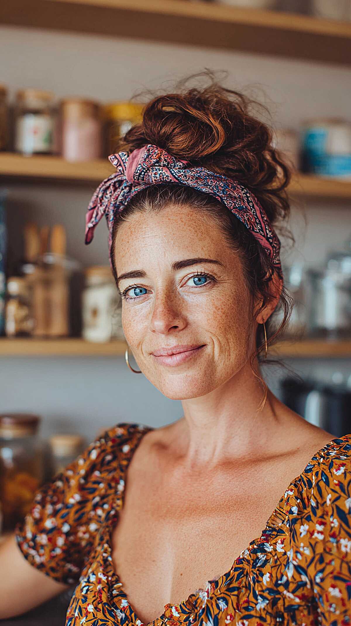 Curly updo with paisley bandana headband