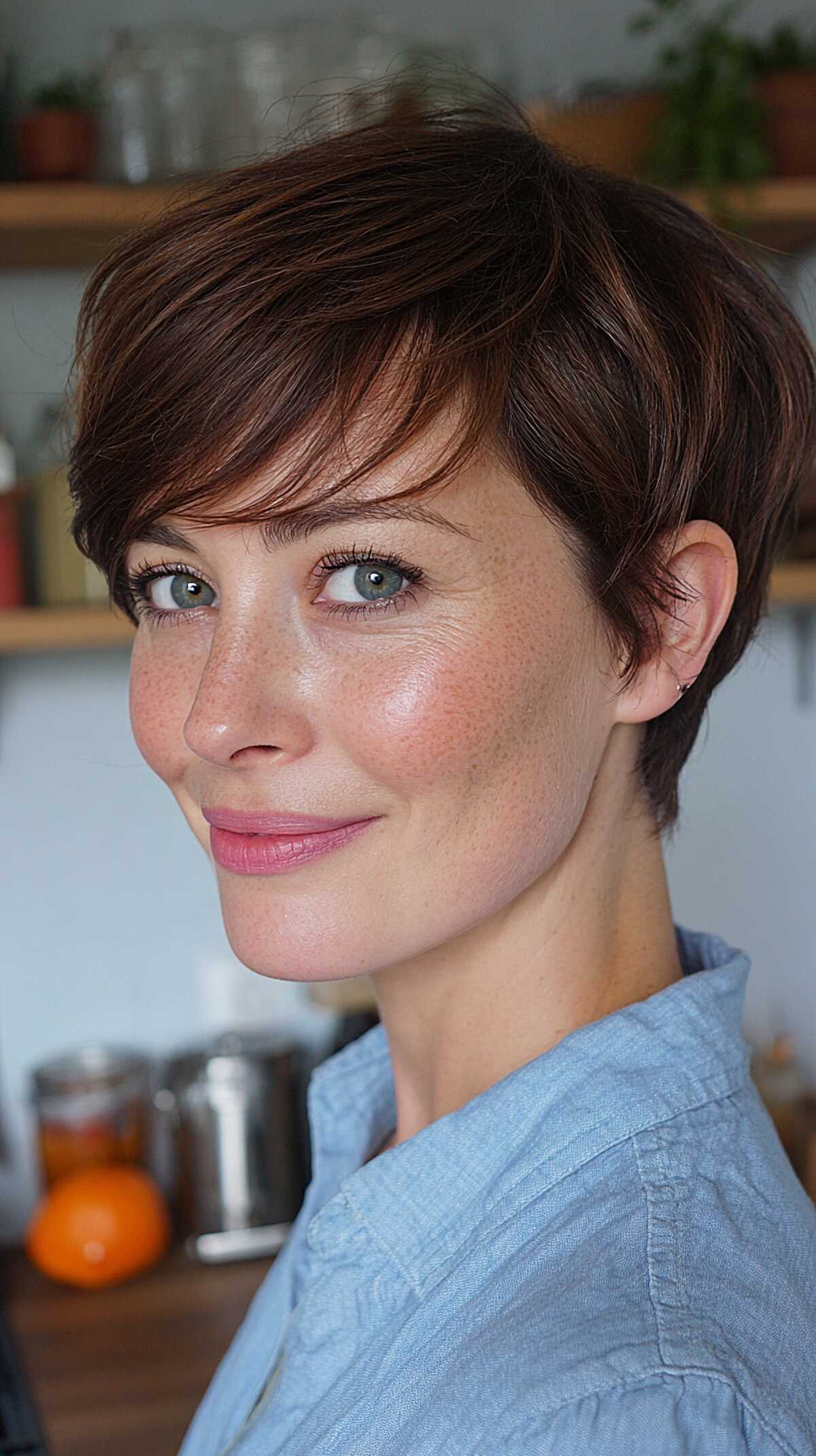Chestnut brown pixie with wispy bangs in kitchen