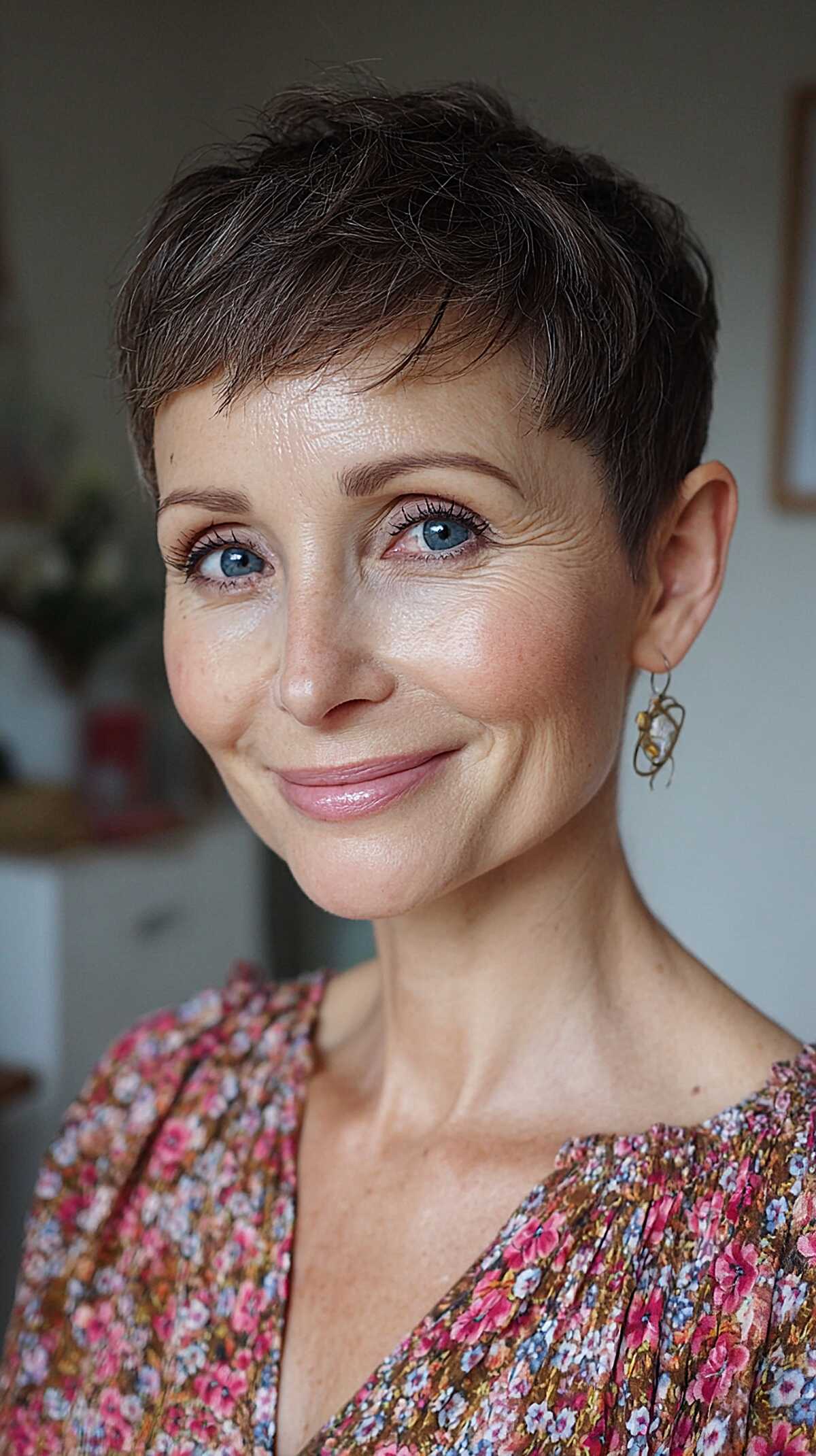 Short dark brunette pixie cut on mature woman
