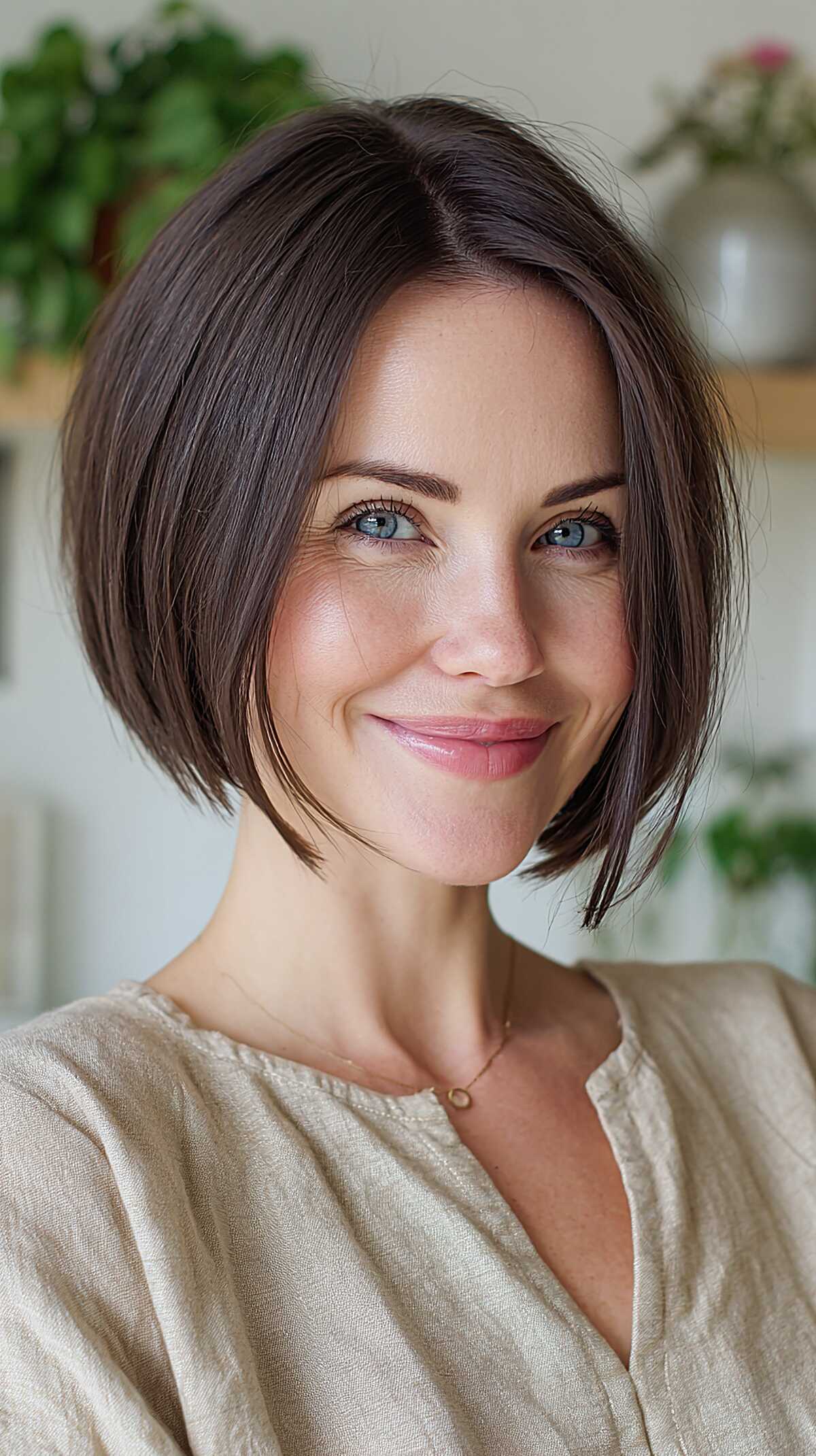 Sleek dark brunette chin-length bob with clean lines