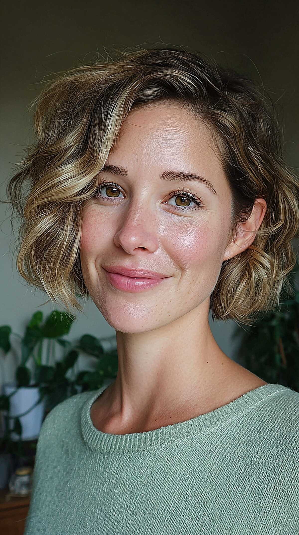 Short wavy bob with blonde highlights on brown hair