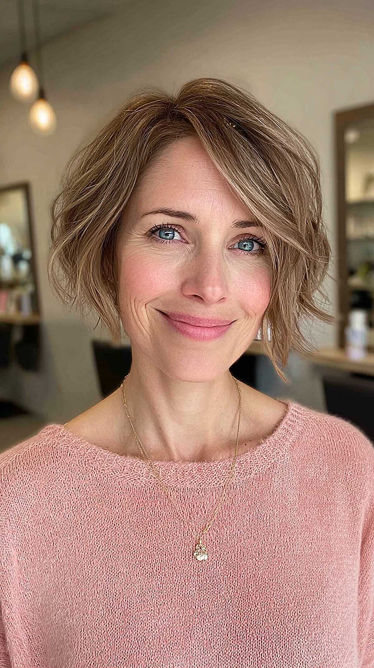 Feathered ash blonde chin-length bob with layers