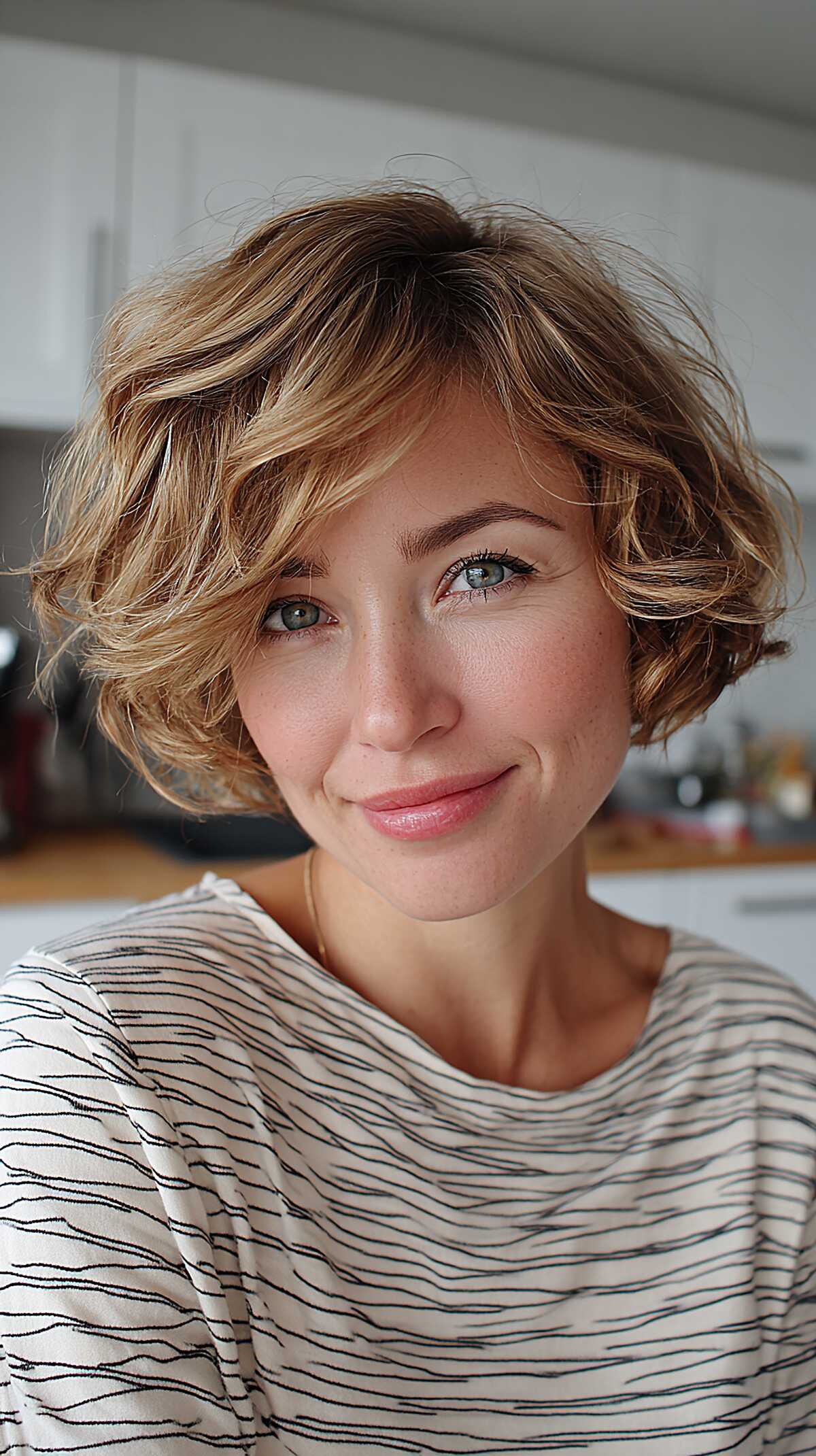 Golden blonde wavy bob with short bangs