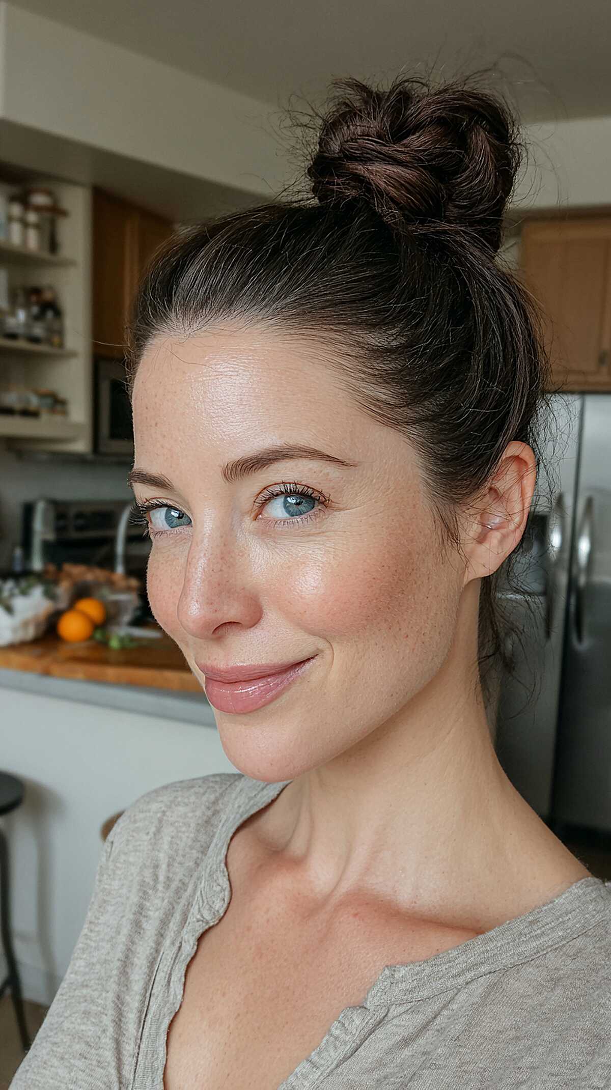 High messy bun on dark brunette hair in kitchen