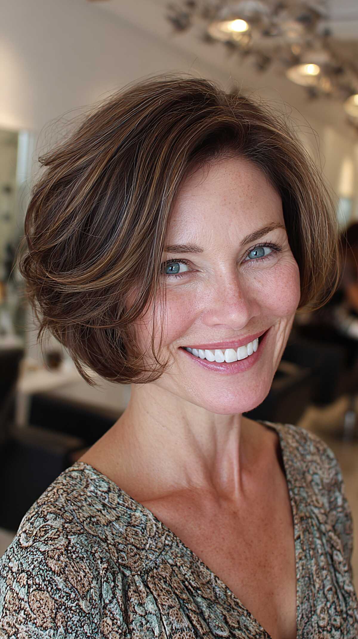 Brown layered bob with flipped ends and highlights