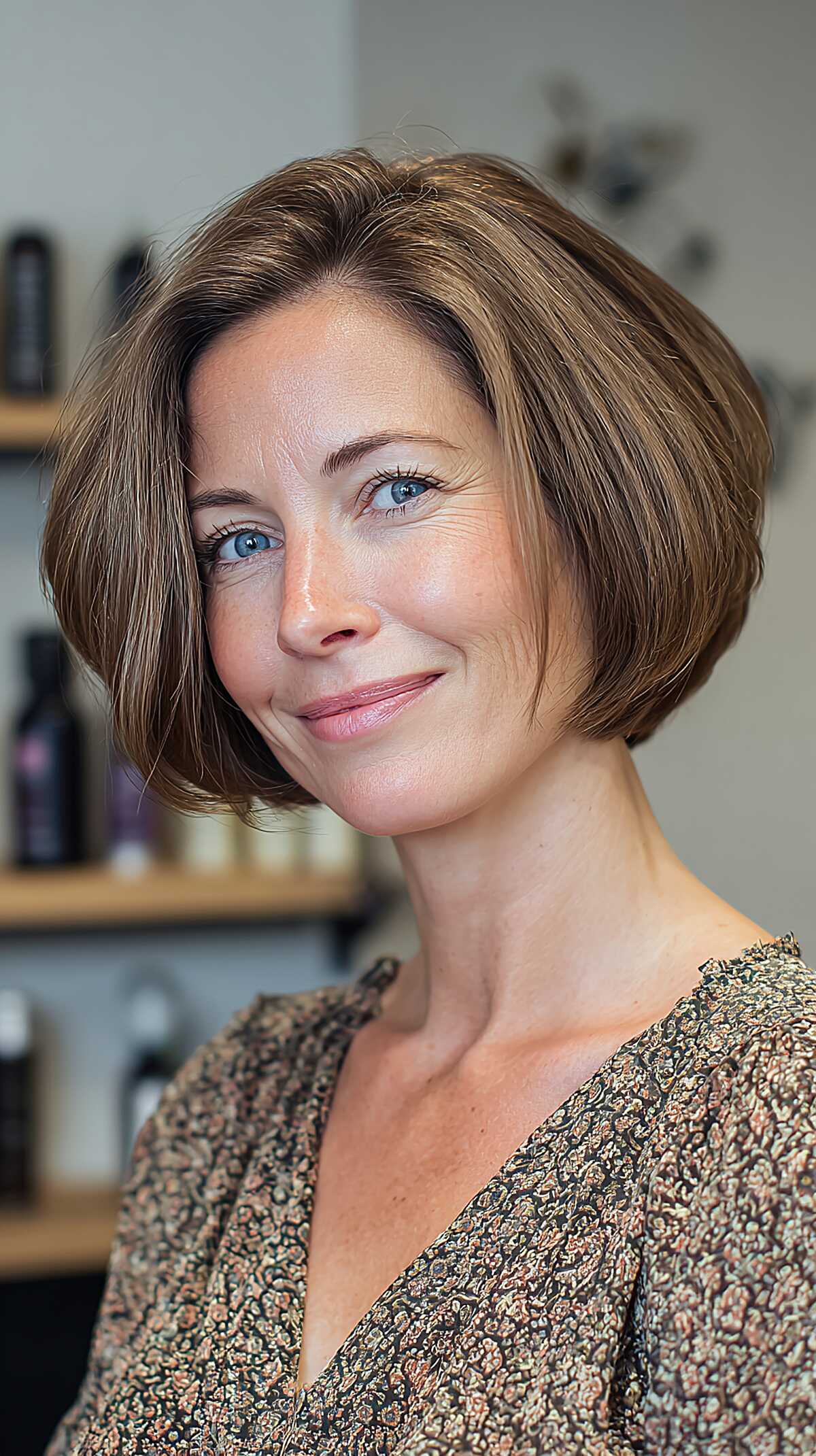 Sleek brown jaw-length bob with subtle highlights