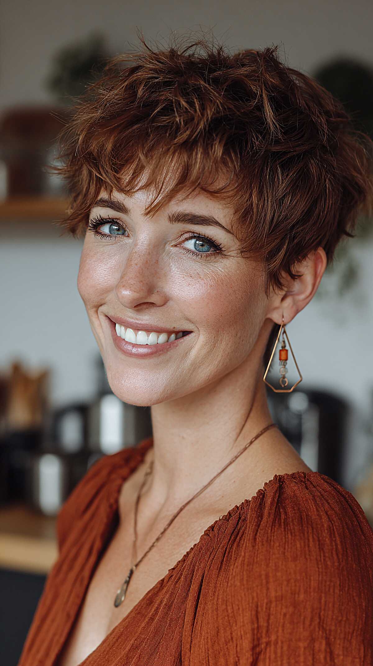 Choppy auburn pixie with textured fringe