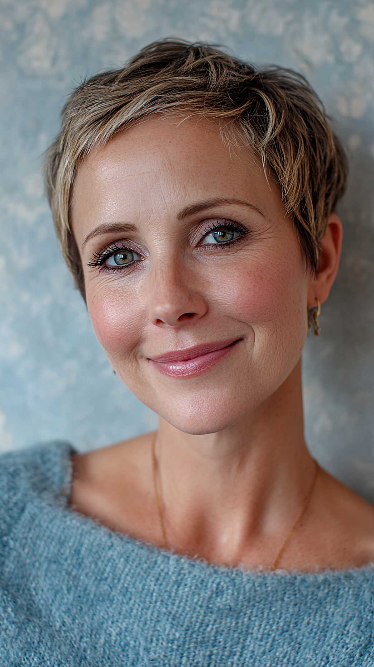 Short pixie with sandy blonde highlights and texture