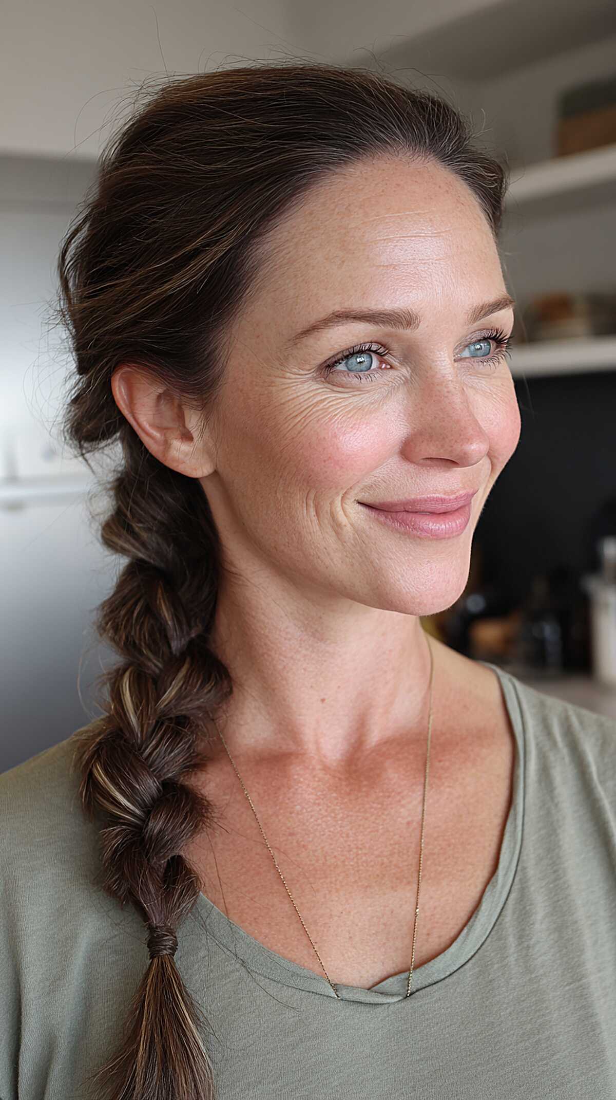 Loose side braid on long brunette hair