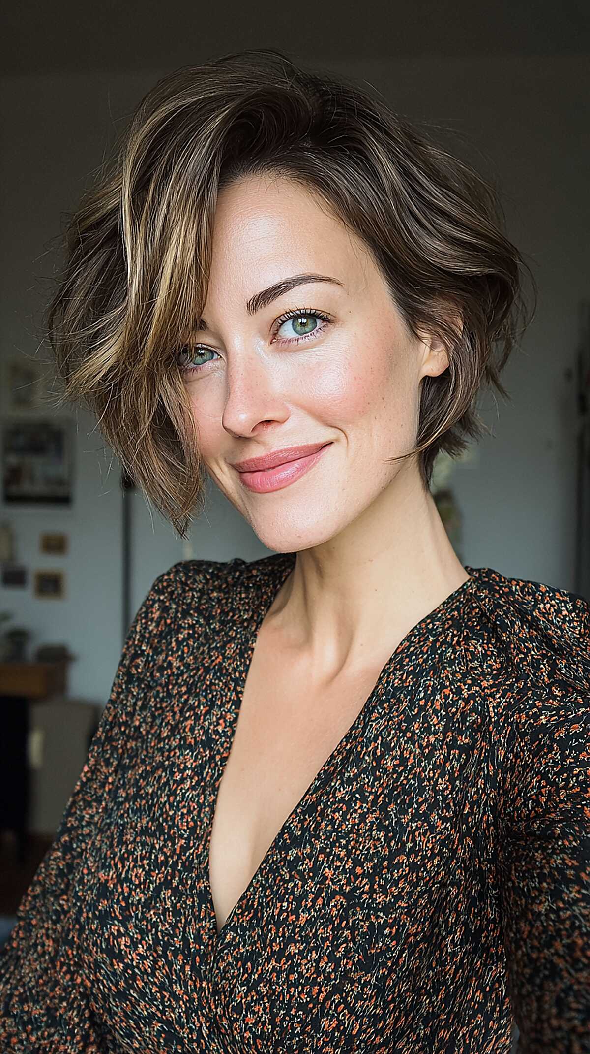 Wavy brunette bob with deep side part and highlights