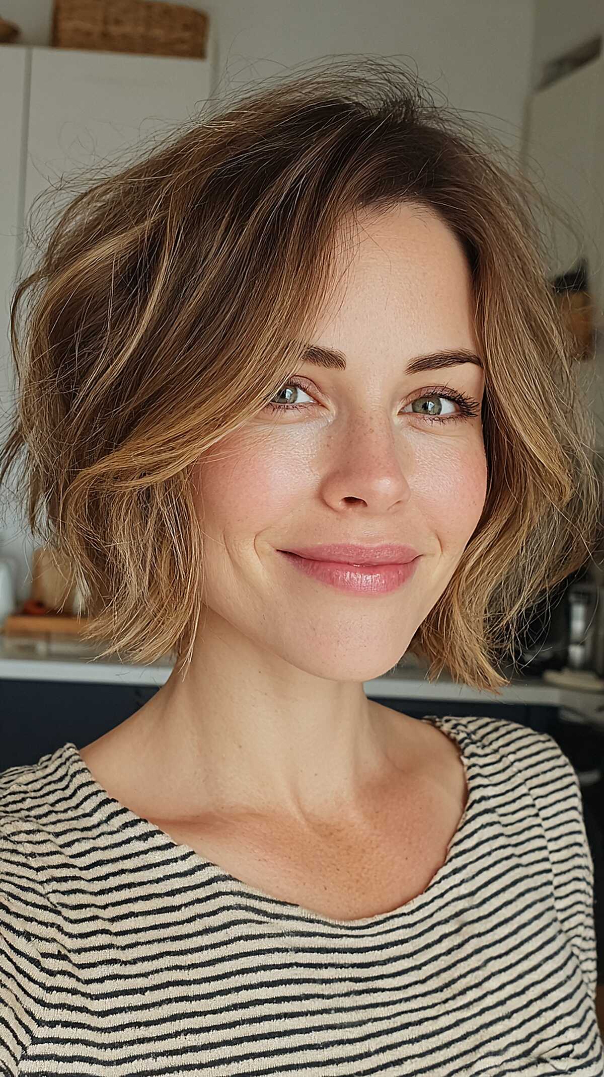 Wavy chin-length bob with warm caramel highlights