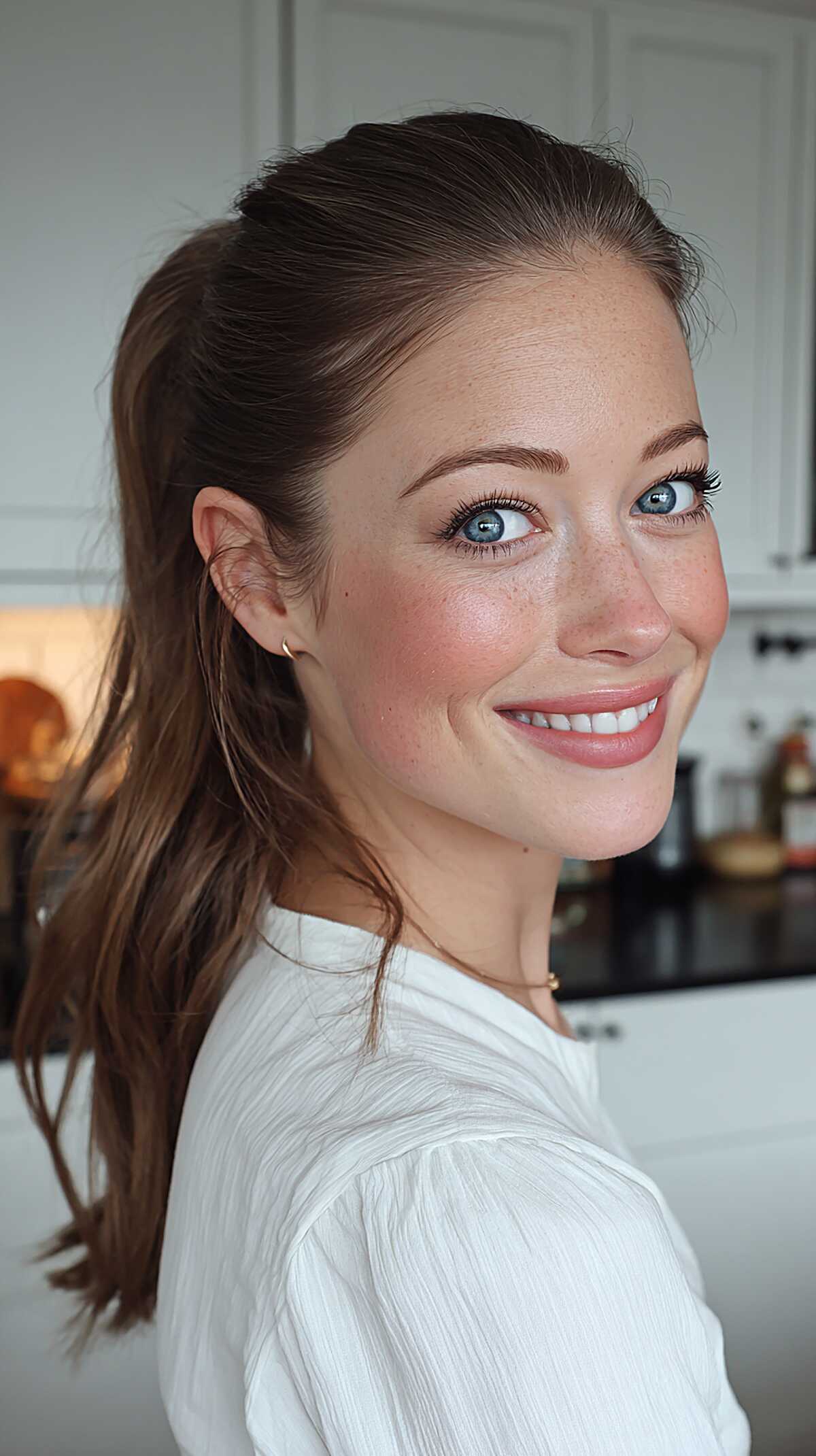 Voluminous half-up ponytail on brunette hair