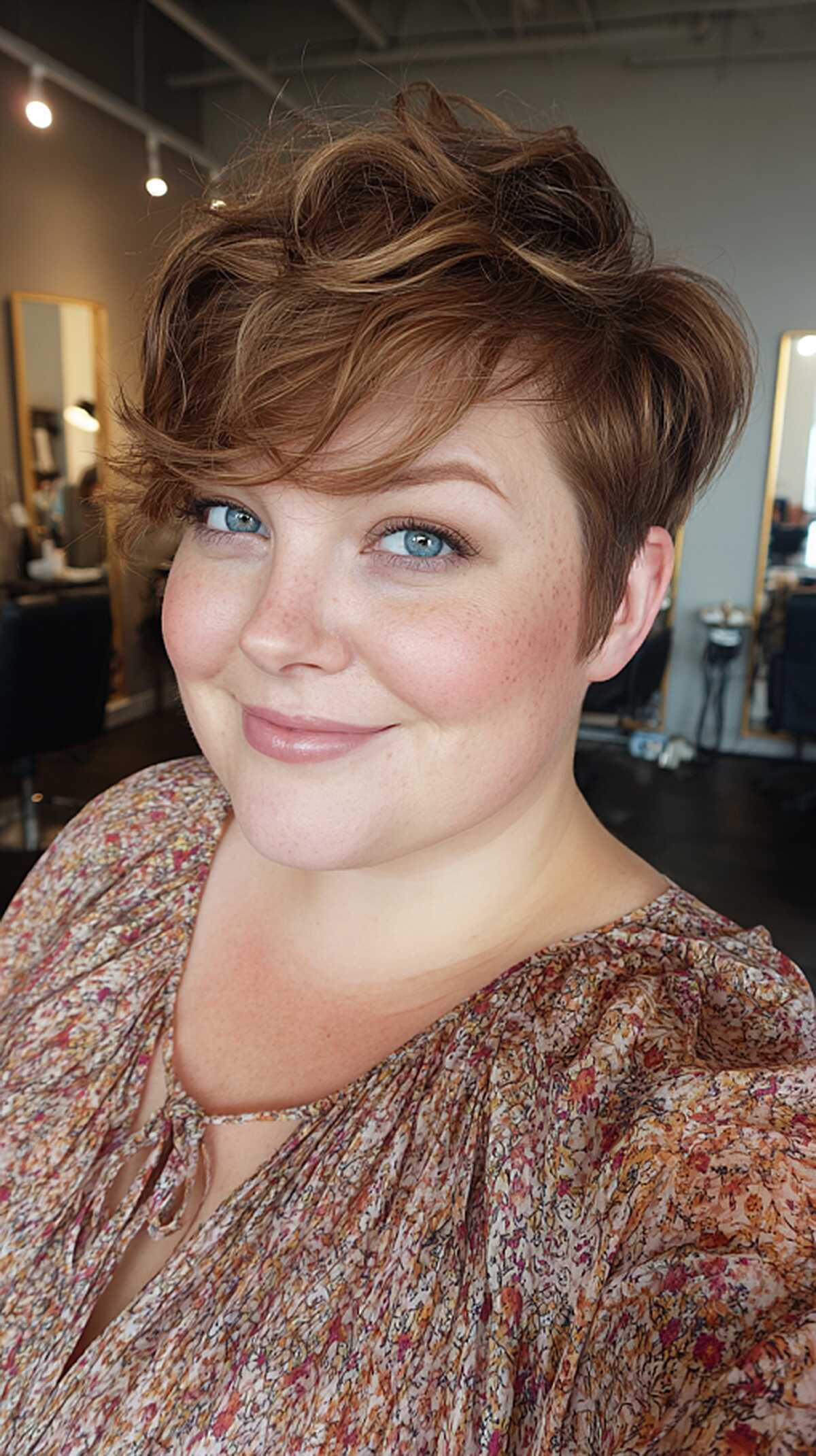 Copper wavy pixie cut with volume on top