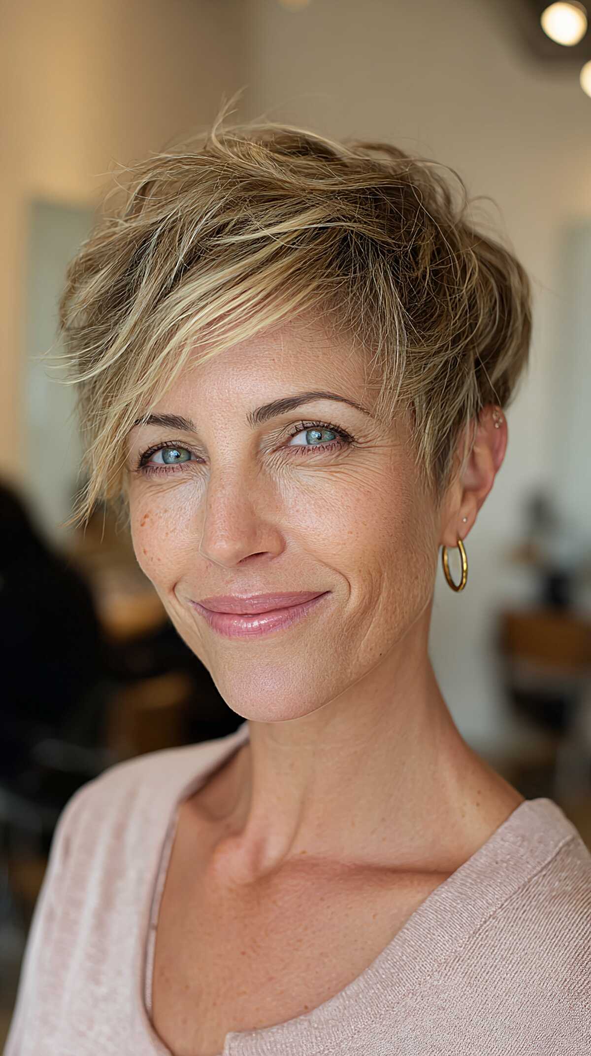 Tousled blonde layered pixie with side-swept fringe