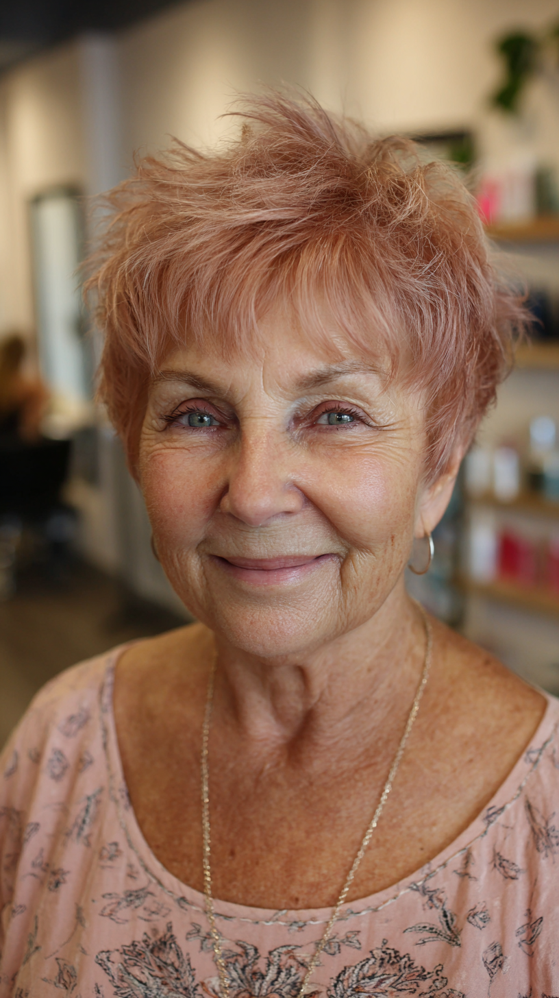 Short peachy pink choppy pixie shag with spiky texture
