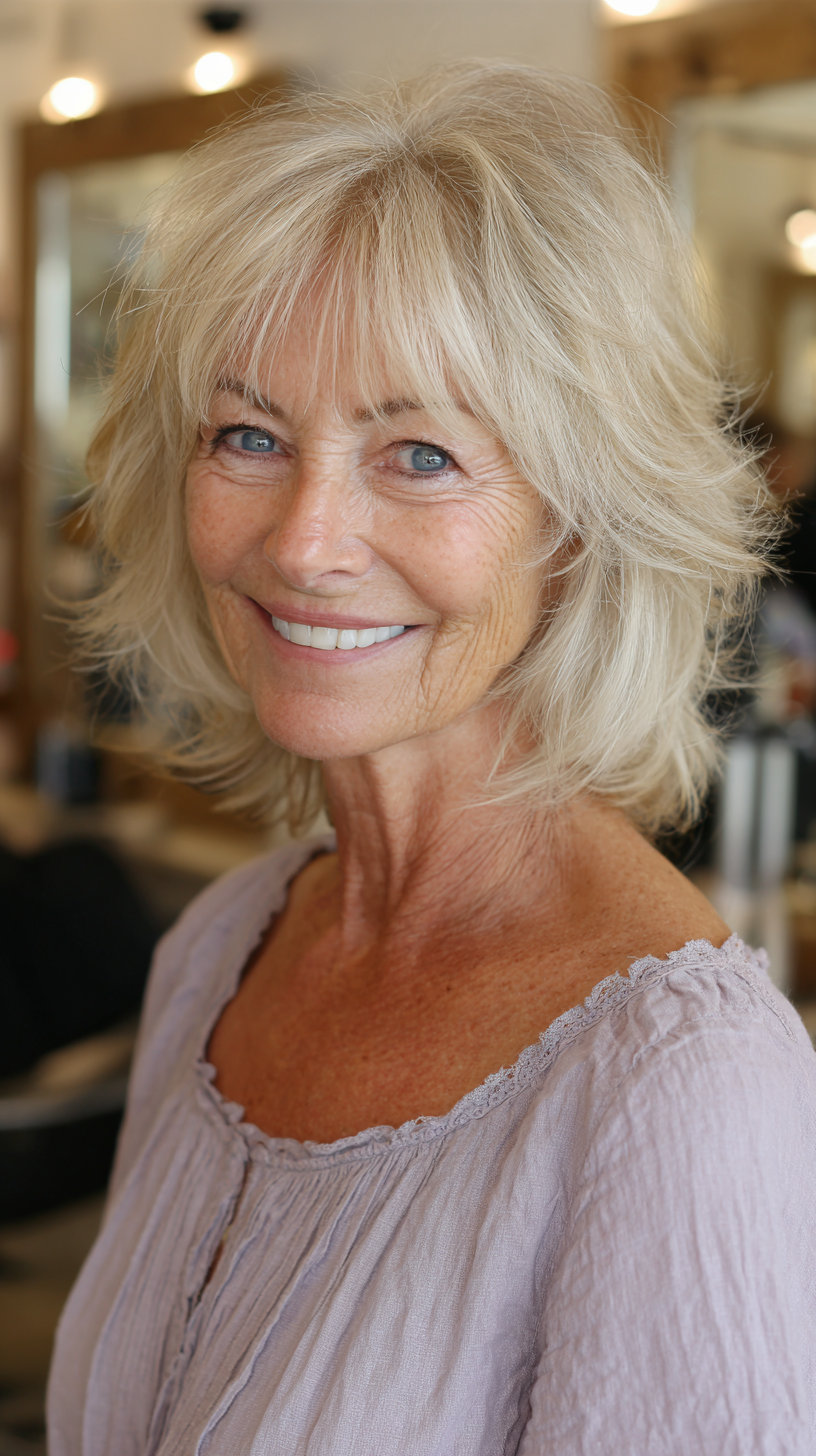Medium platinum blonde choppy shag with curtain bangs