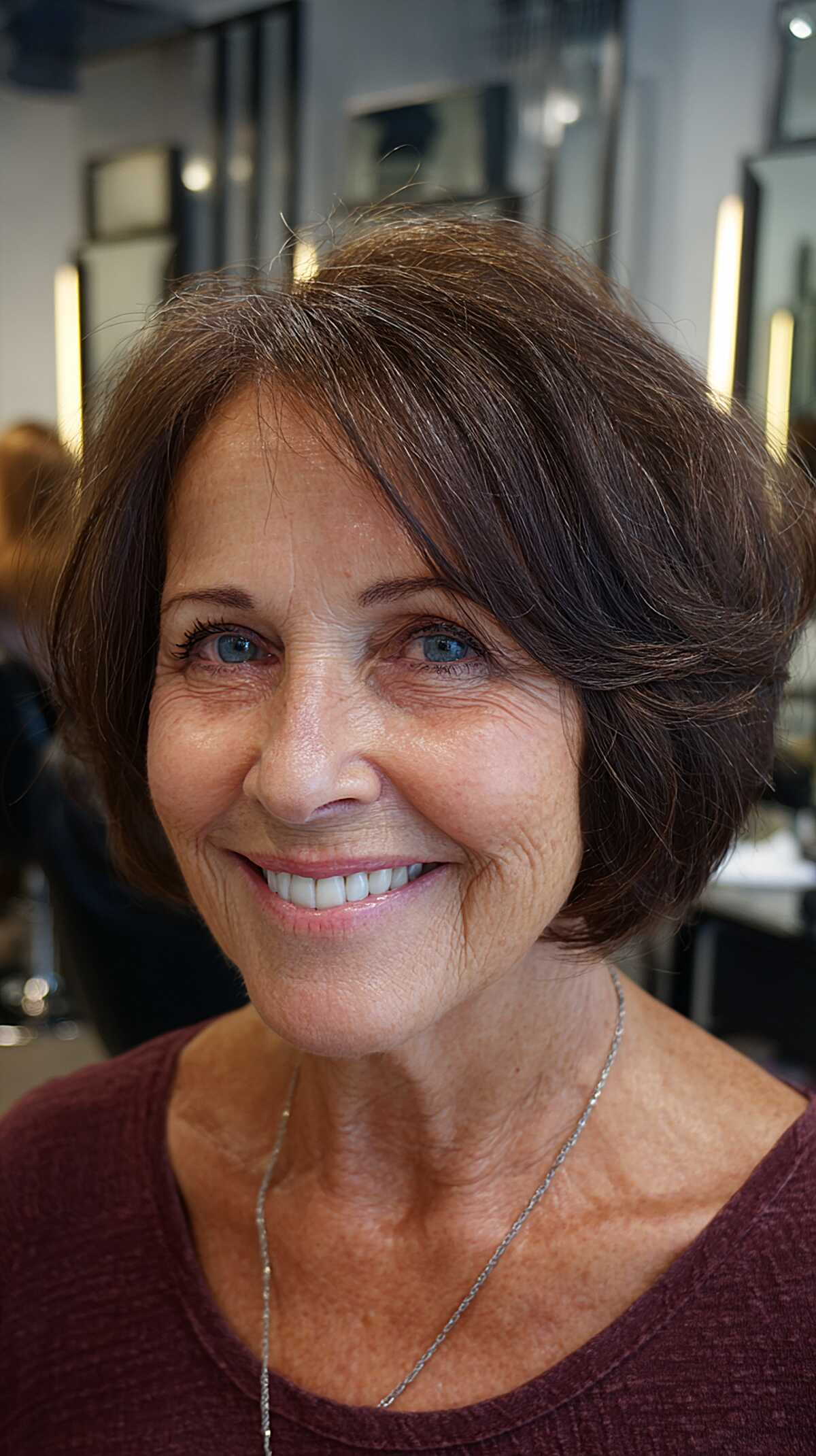 Polished brunette side-swept short choppy bob