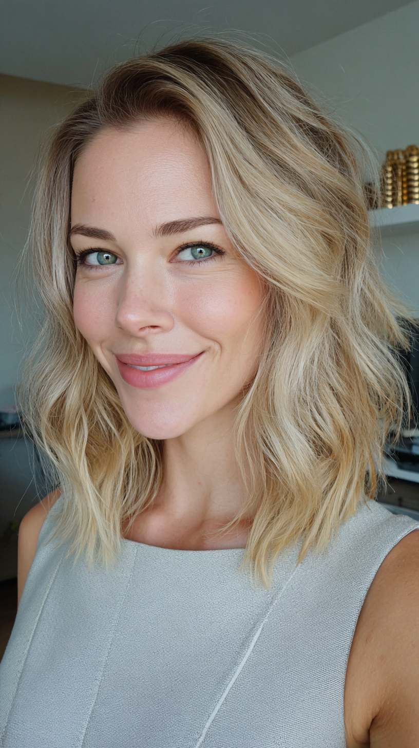 Short wavy champagne blonde lob with side-swept part