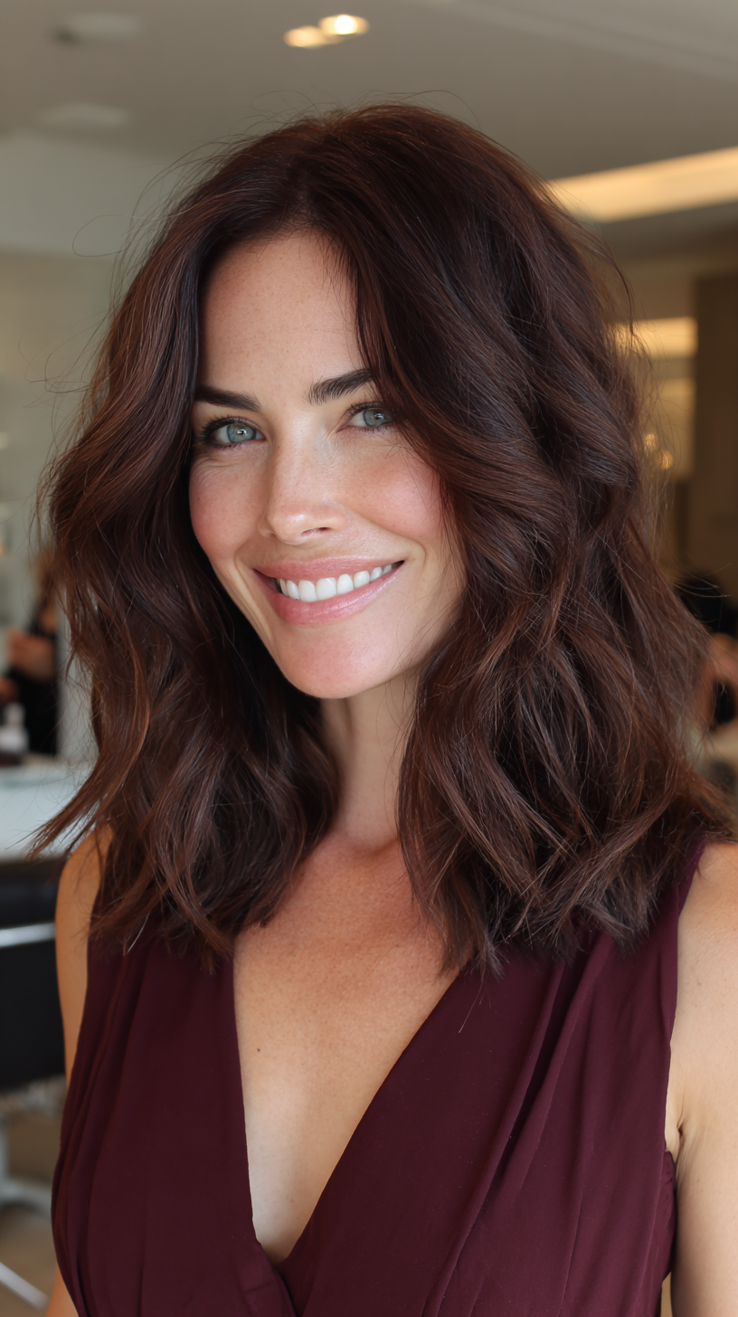 Dark chocolate brown shoulder-length wavy lob hairstyle