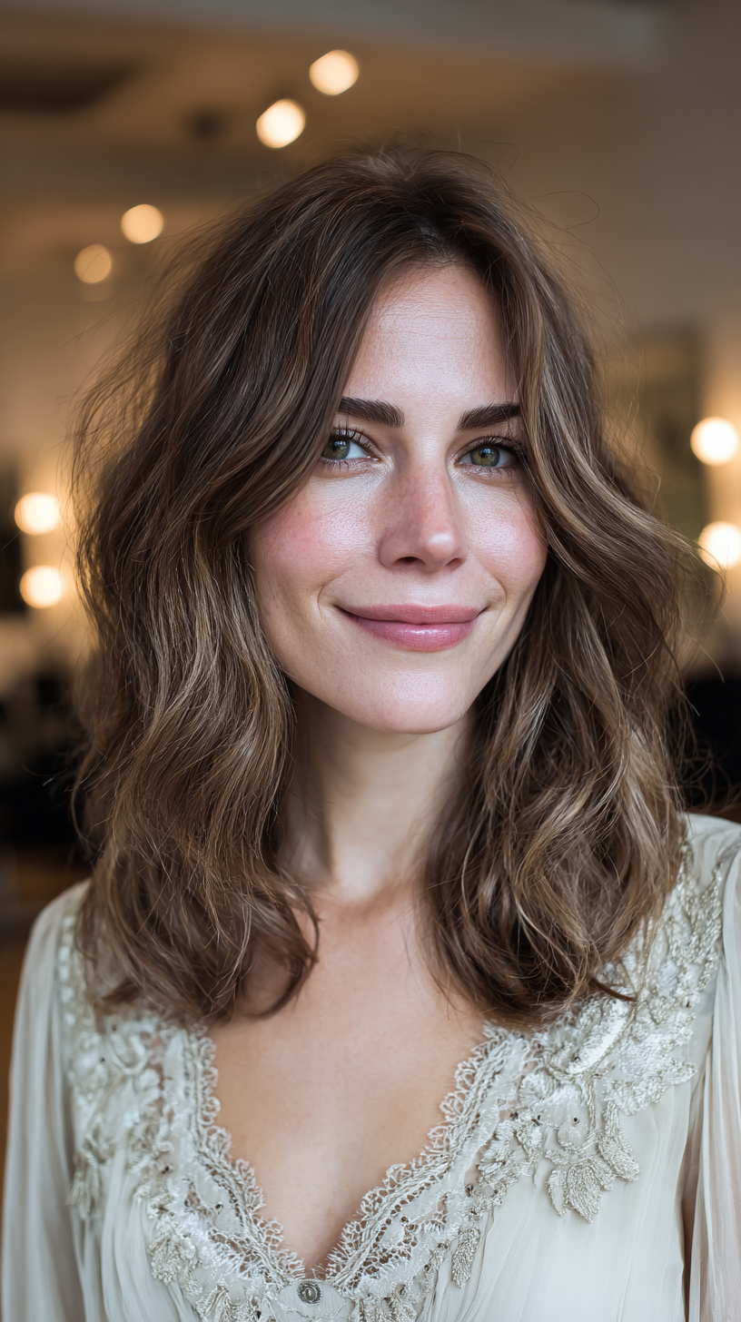 Medium brown wavy hair with center part and soft layers