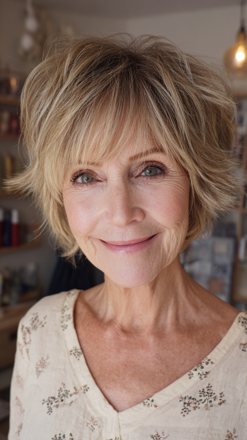 Short sandy blonde choppy shag with tapered sides