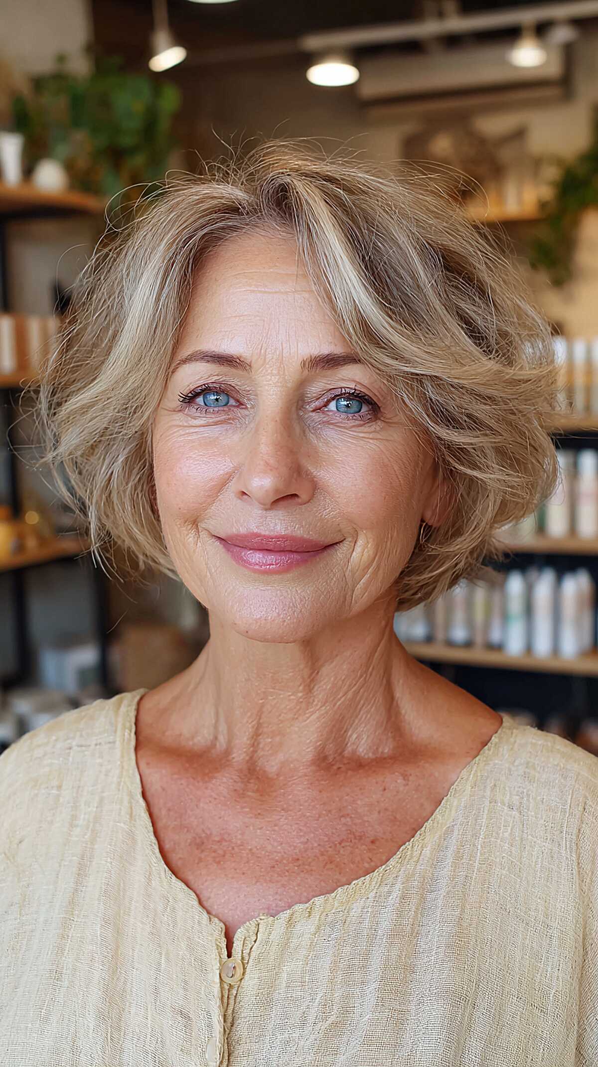 Sandy blonde choppy bob with swept side part